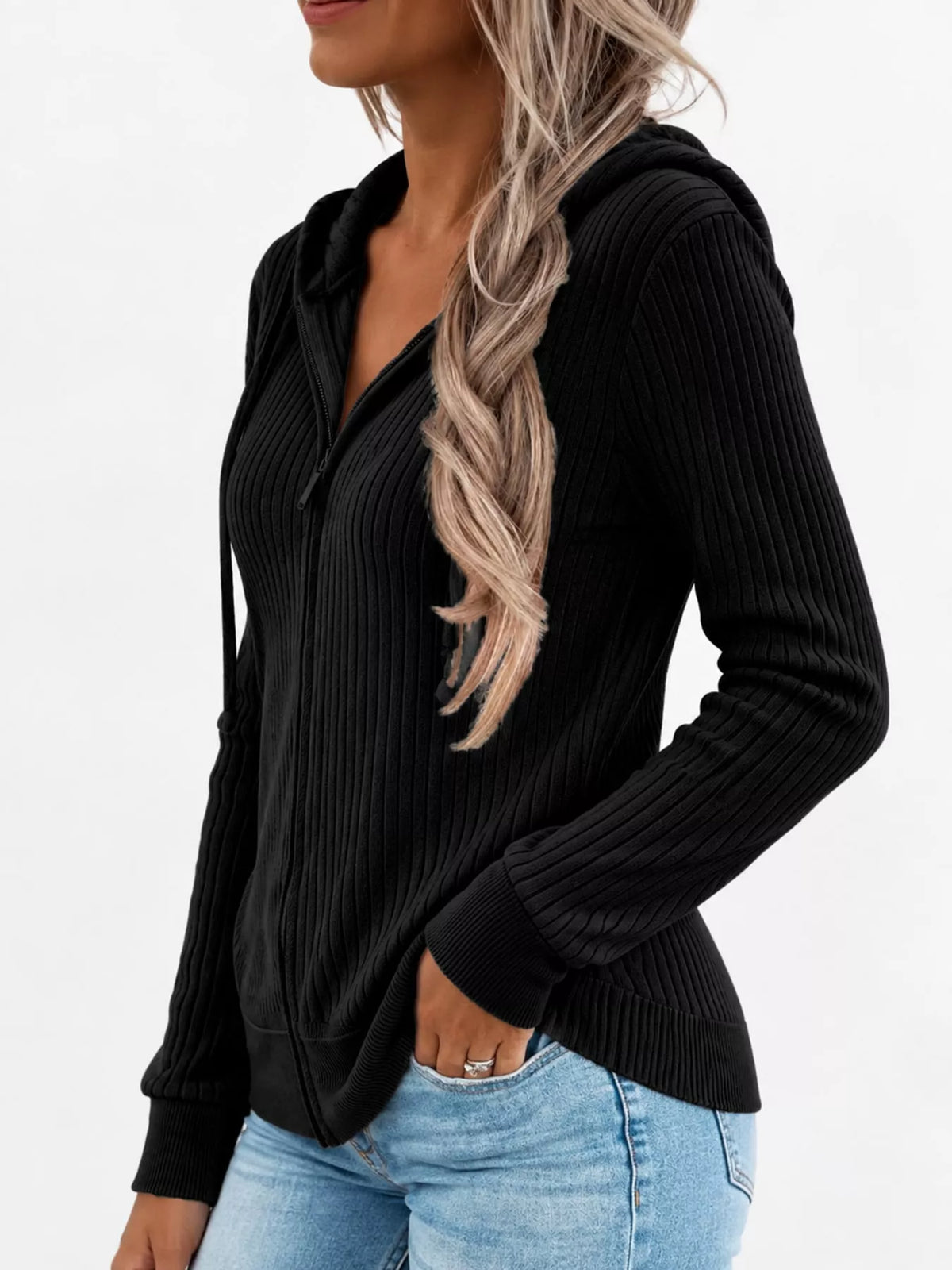 Black Ribbed Knit Zip-Up Hooded Cardigan, side view