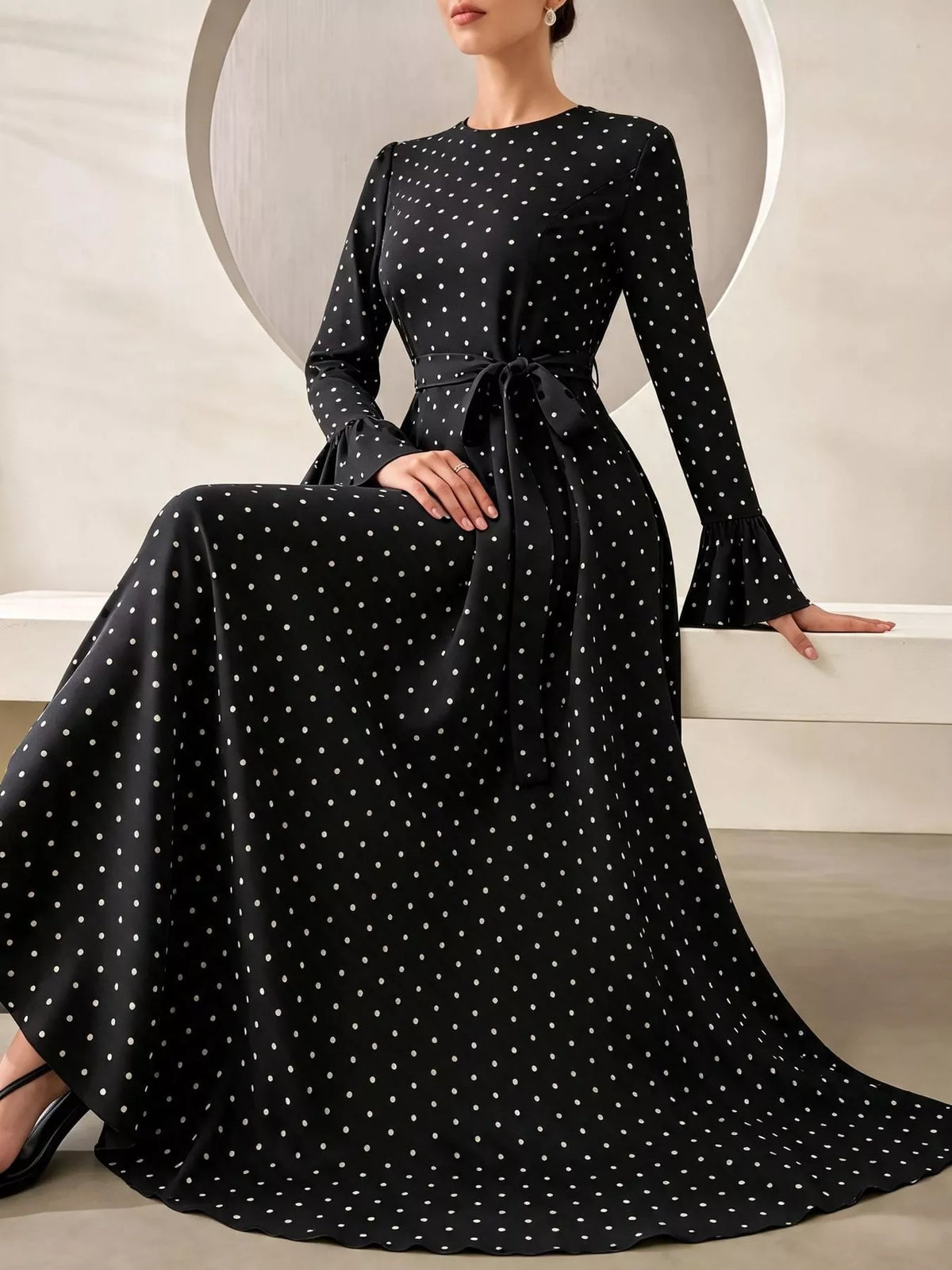 Polka Dot Long Sleeve Maxi Dress with Waist Tie in black and white
