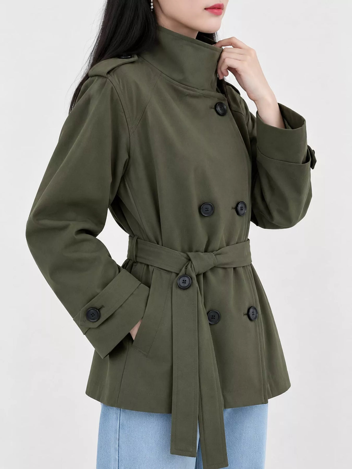 Women's Double-Breasted Belted Trench Coat in olive — front view