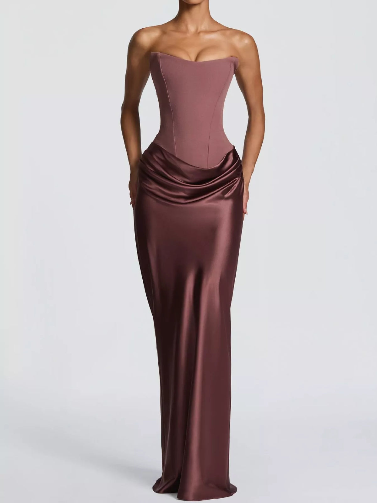 Sweetheart neck strapless maxi dress, front view on model