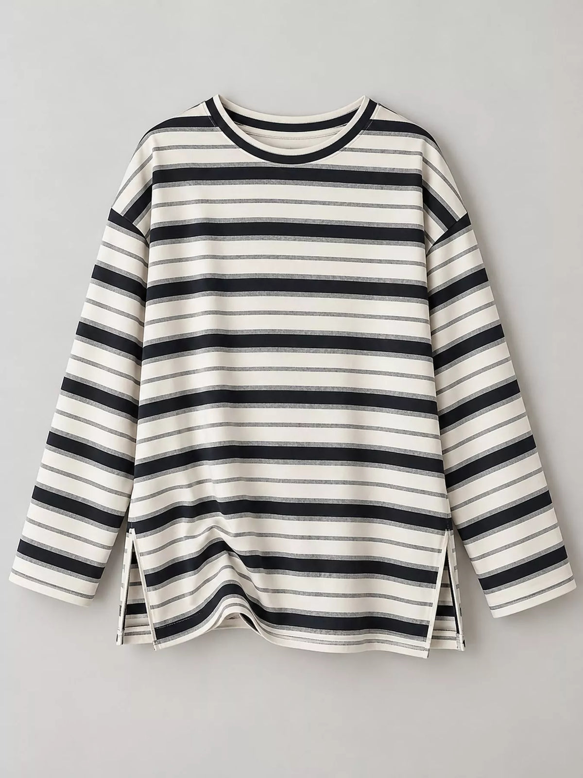 Cream and black striped oversized T-shirt, front product view