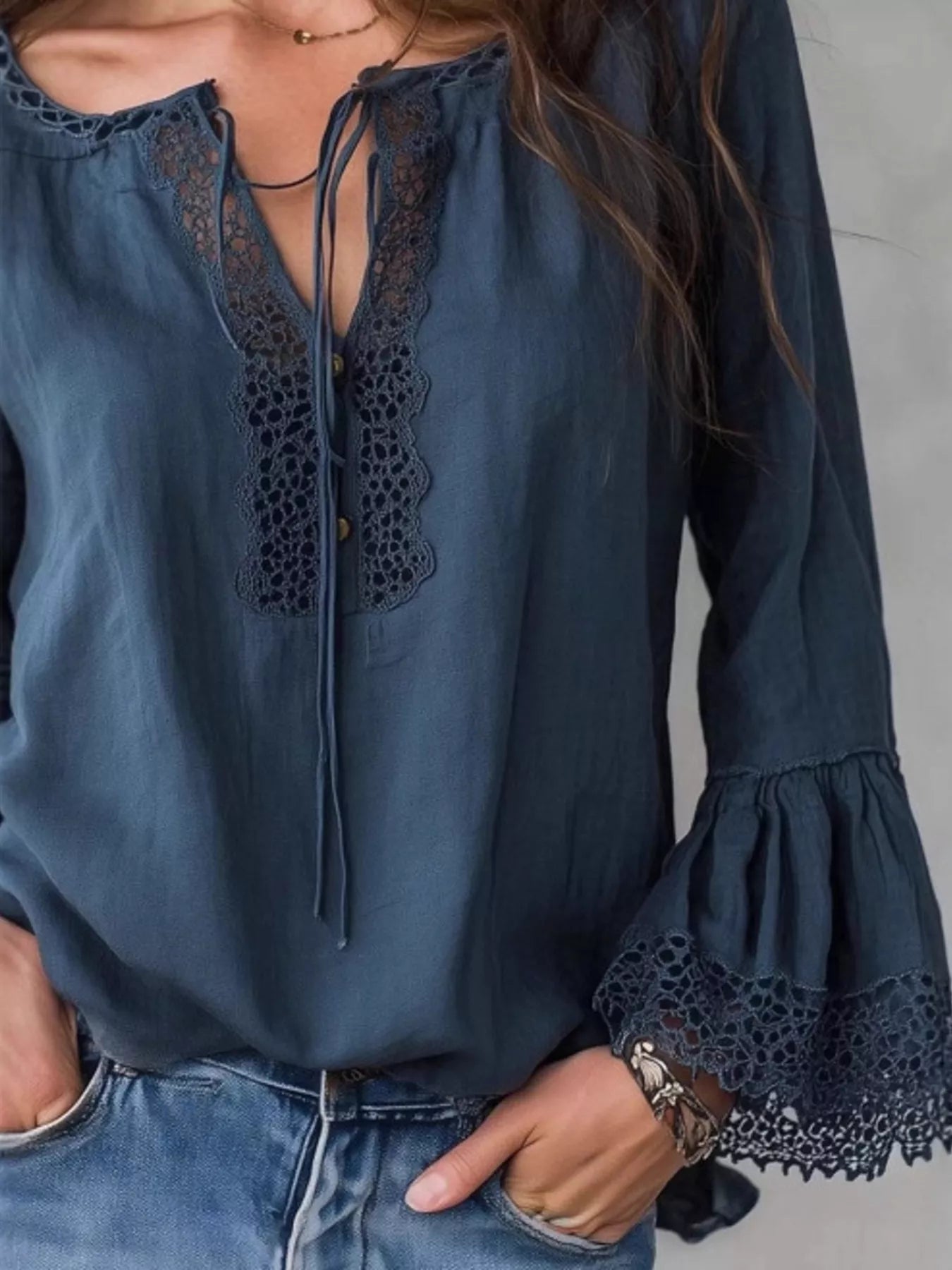 Trendsi Full Size Tie Neck Flounce Sleeve Blouse Plus Size -
