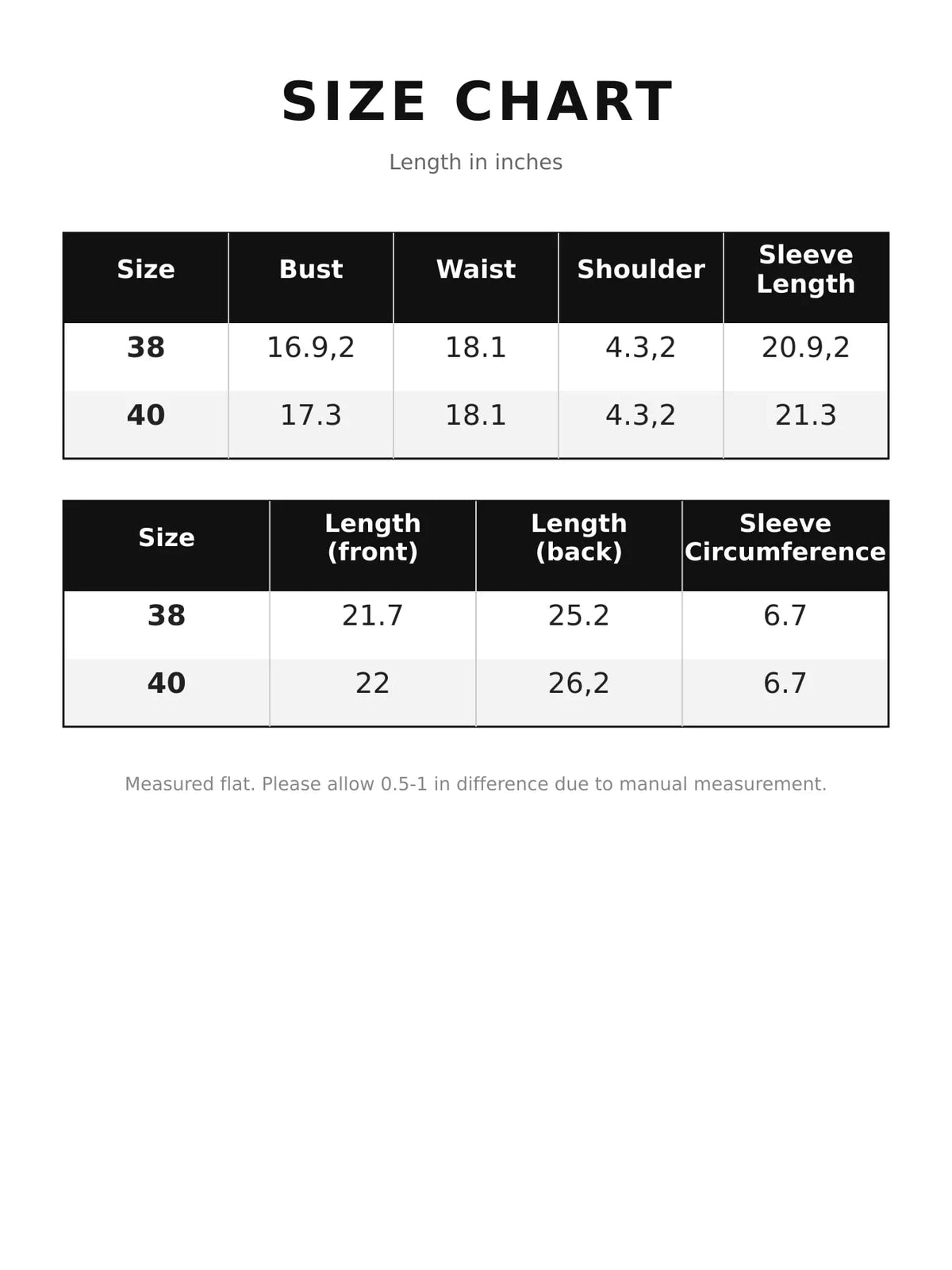 Button-Up Long Sleeve Shirt — size and measurement chart