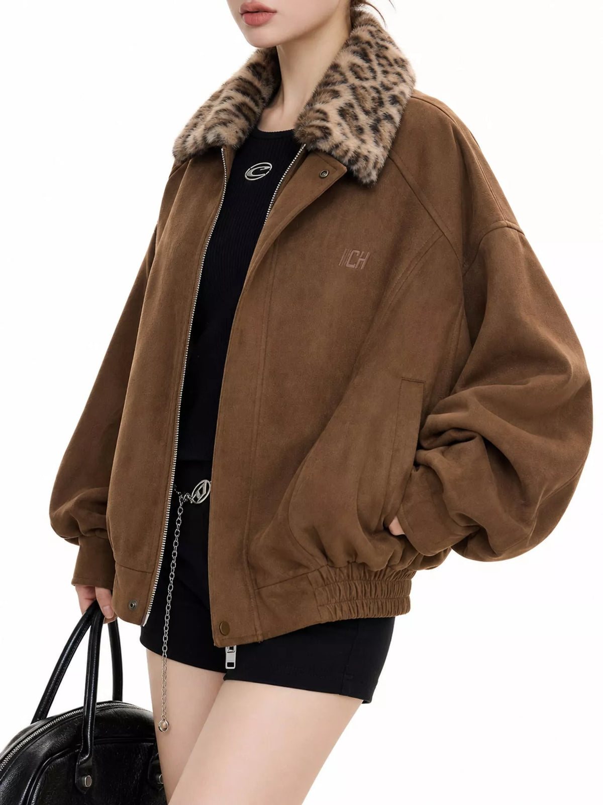Brown faux fur collar zip up jacket, side view