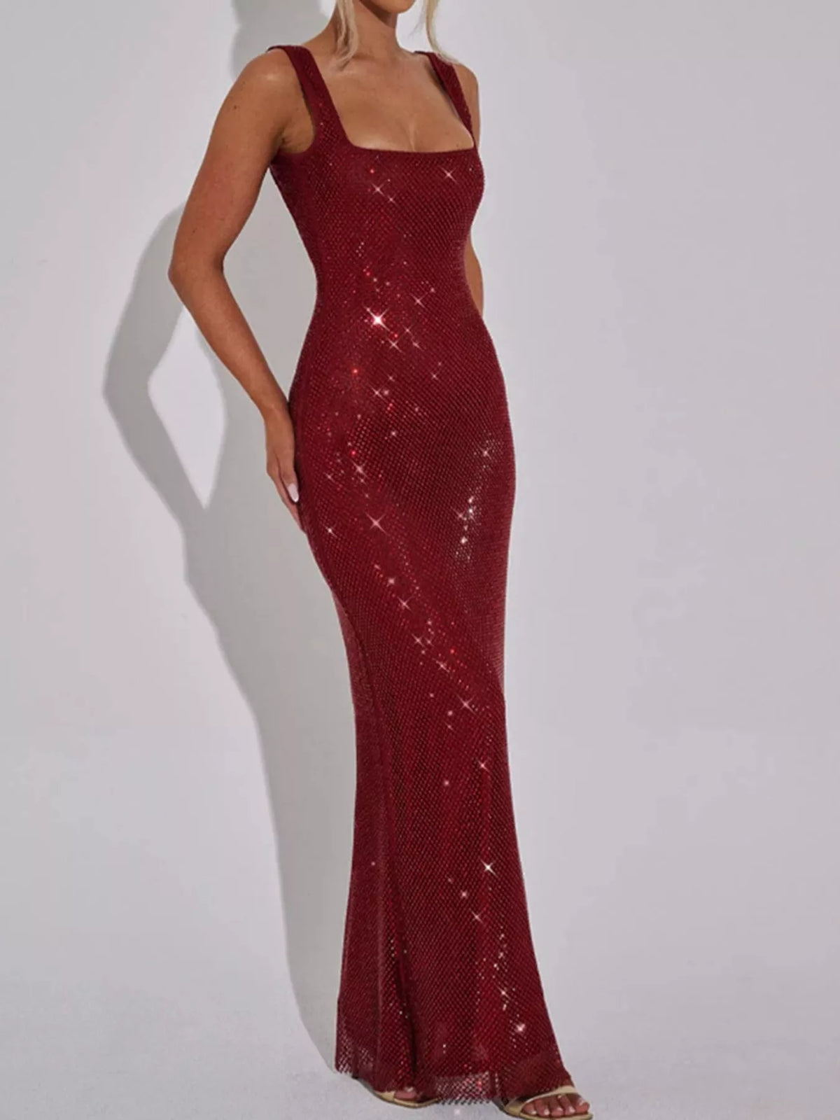 Square neck sleeveless maxi dress, front view on model