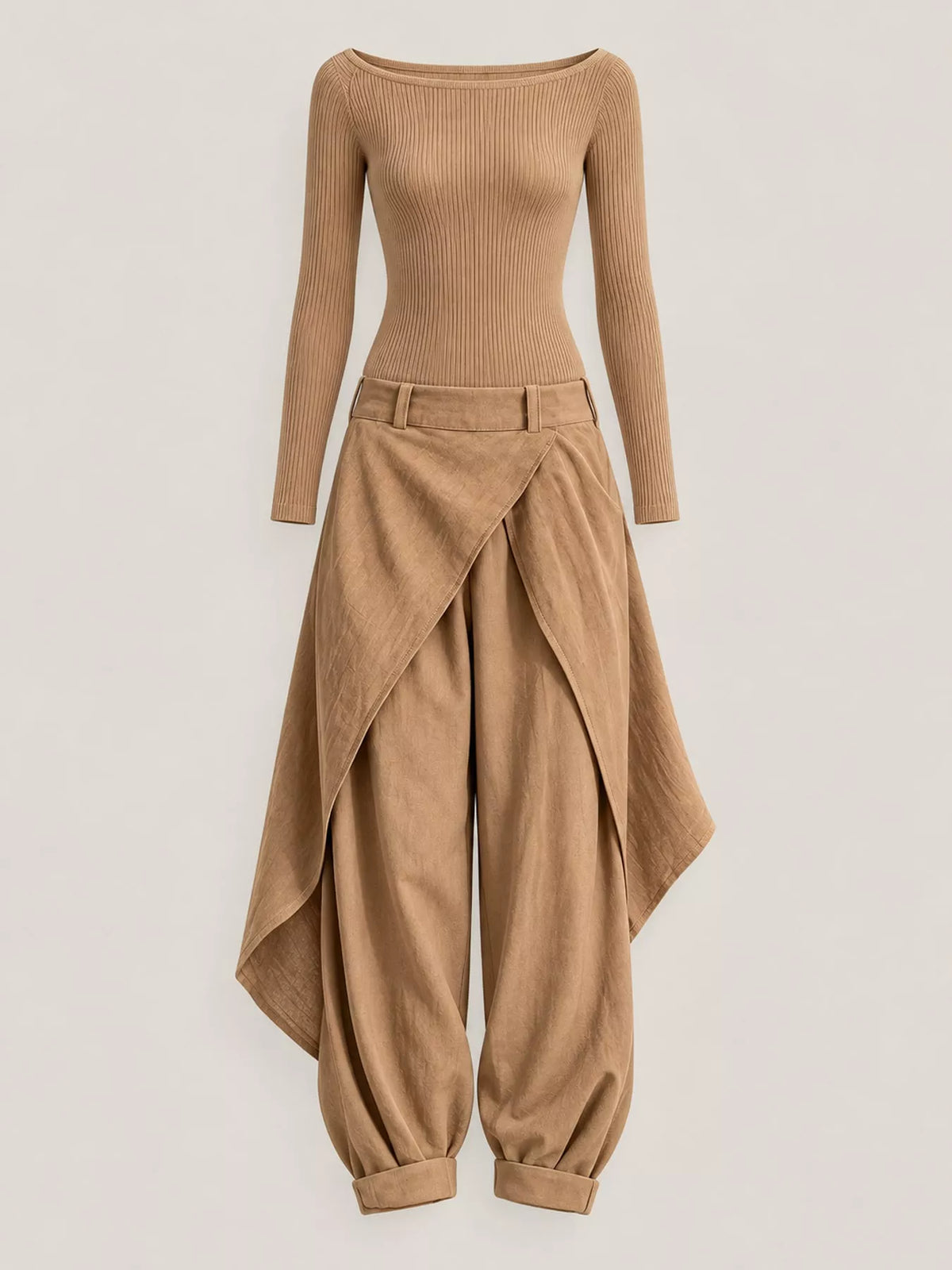 Tan boat neck long sleeve top and wrap pants set — front view