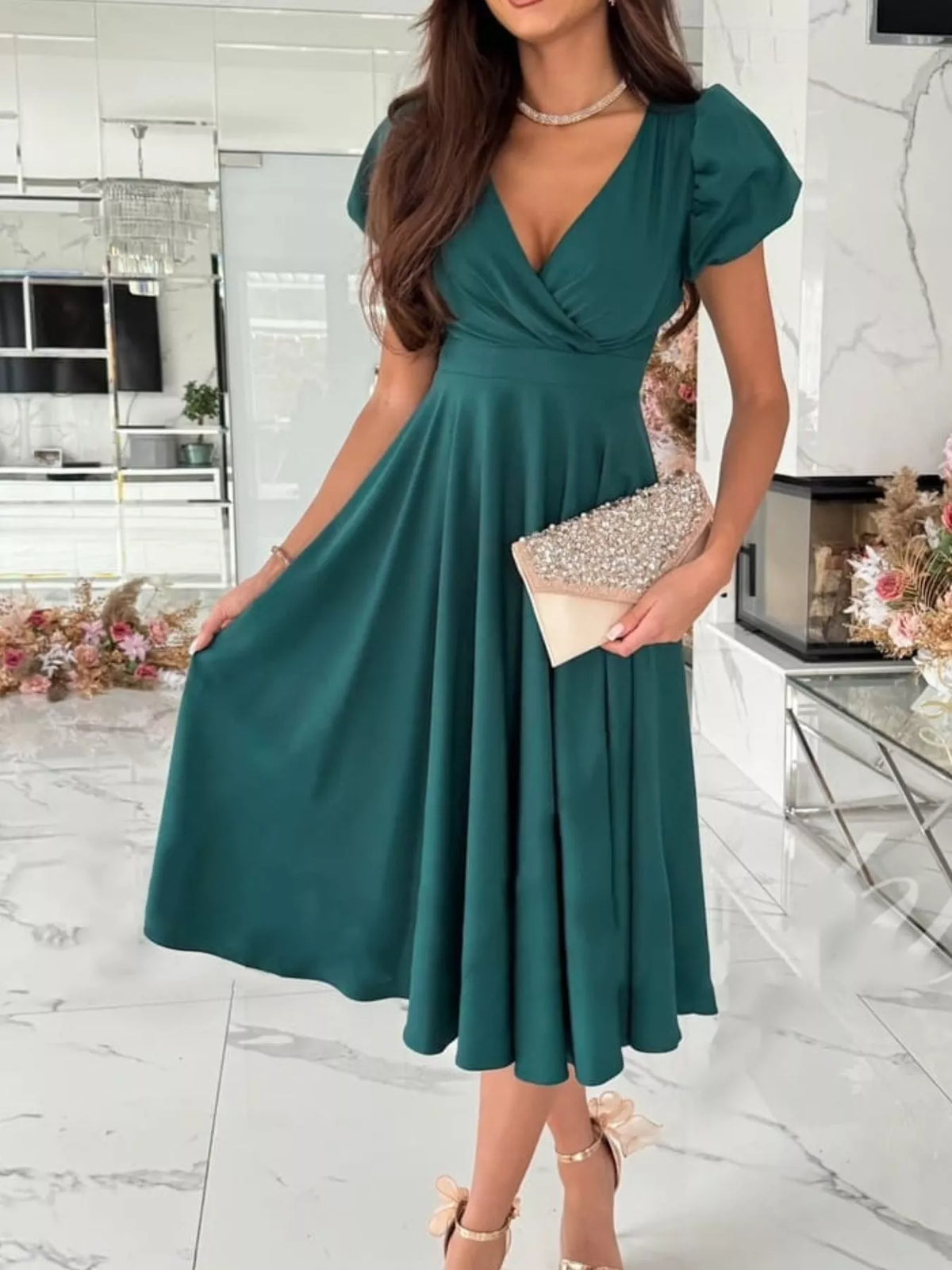 Trendsi Surplice Puff Sleeve Midi Dress -