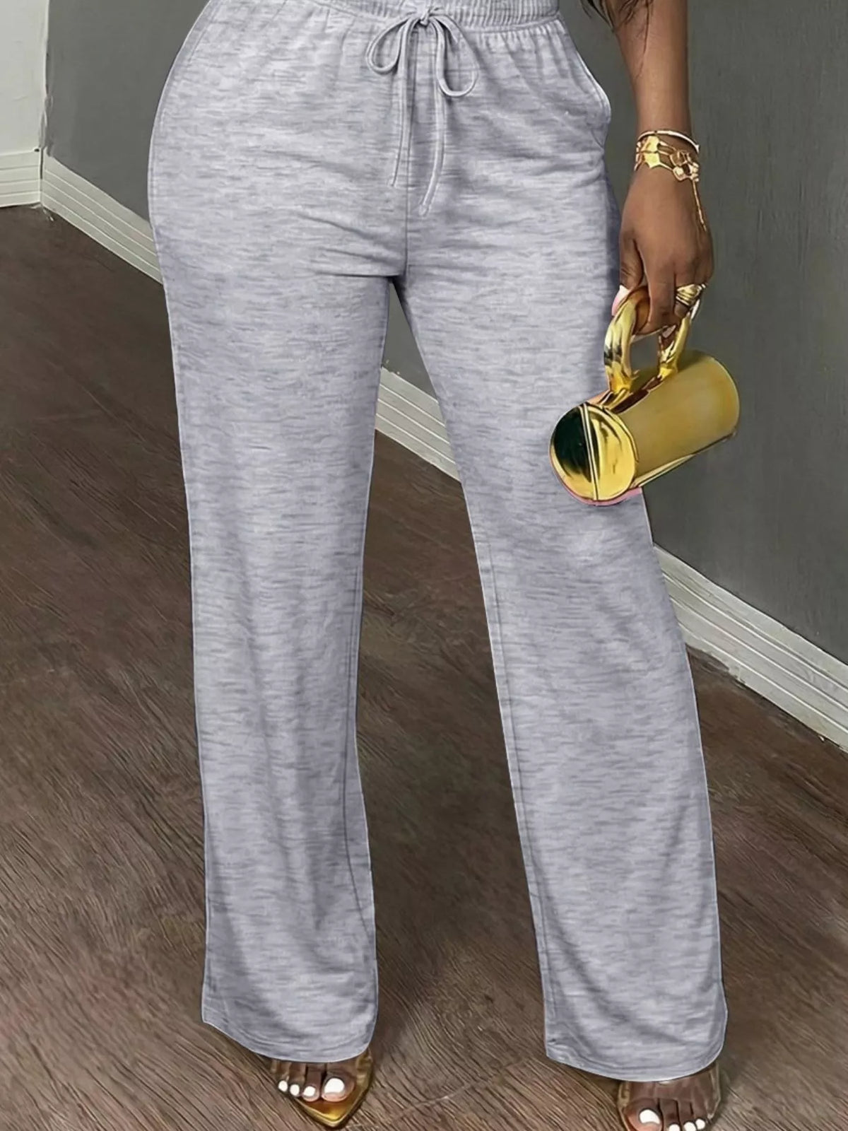 Light Gray Short Sleeve Top and Wide-Leg Pants Set, pants detail