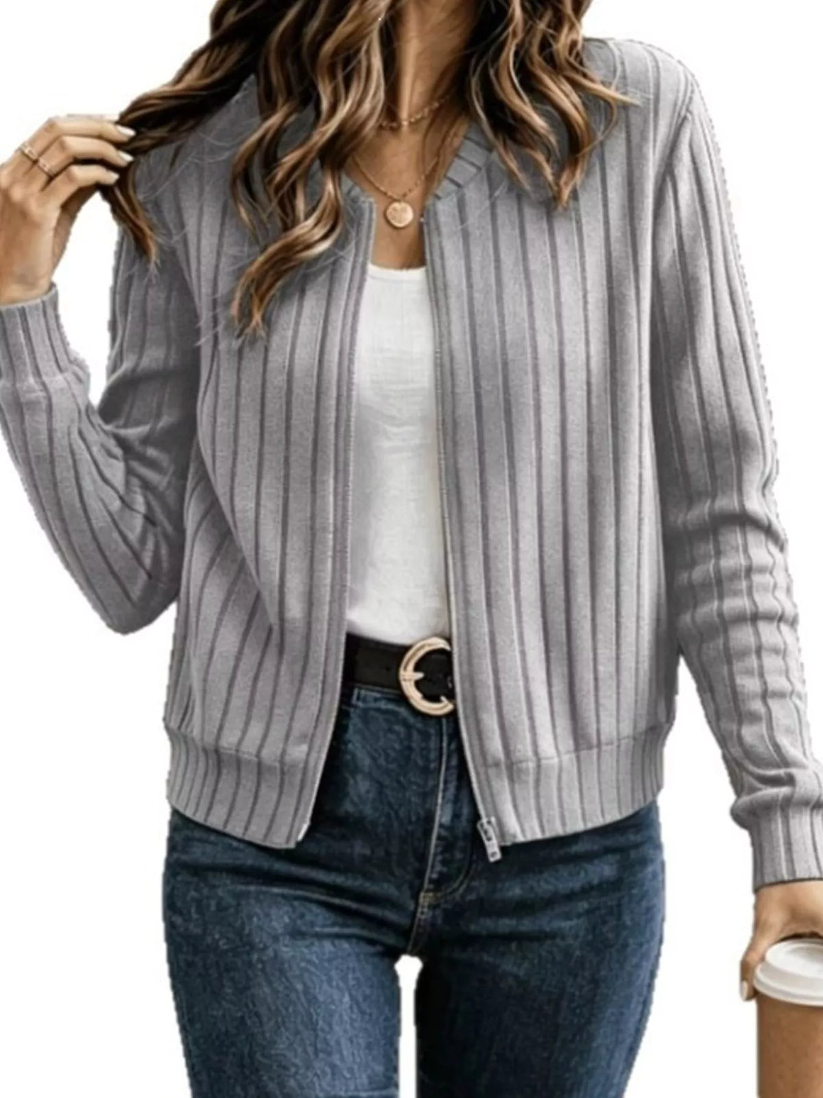 Ribbed Knit Zip-Up Bomber Jacket — front view