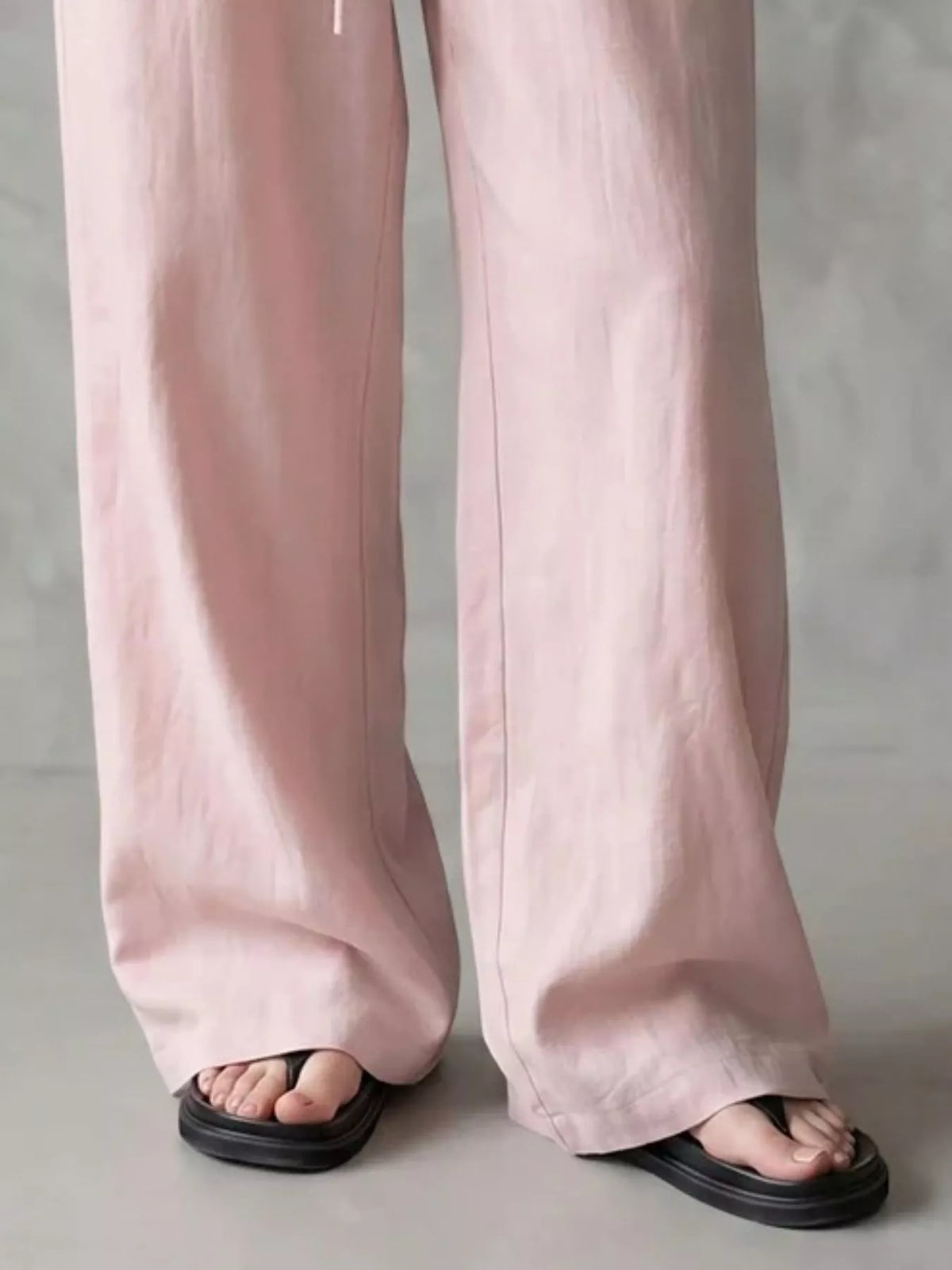 Women's Drawstring Wide-Leg Casual Pants in pink — hem detail view
