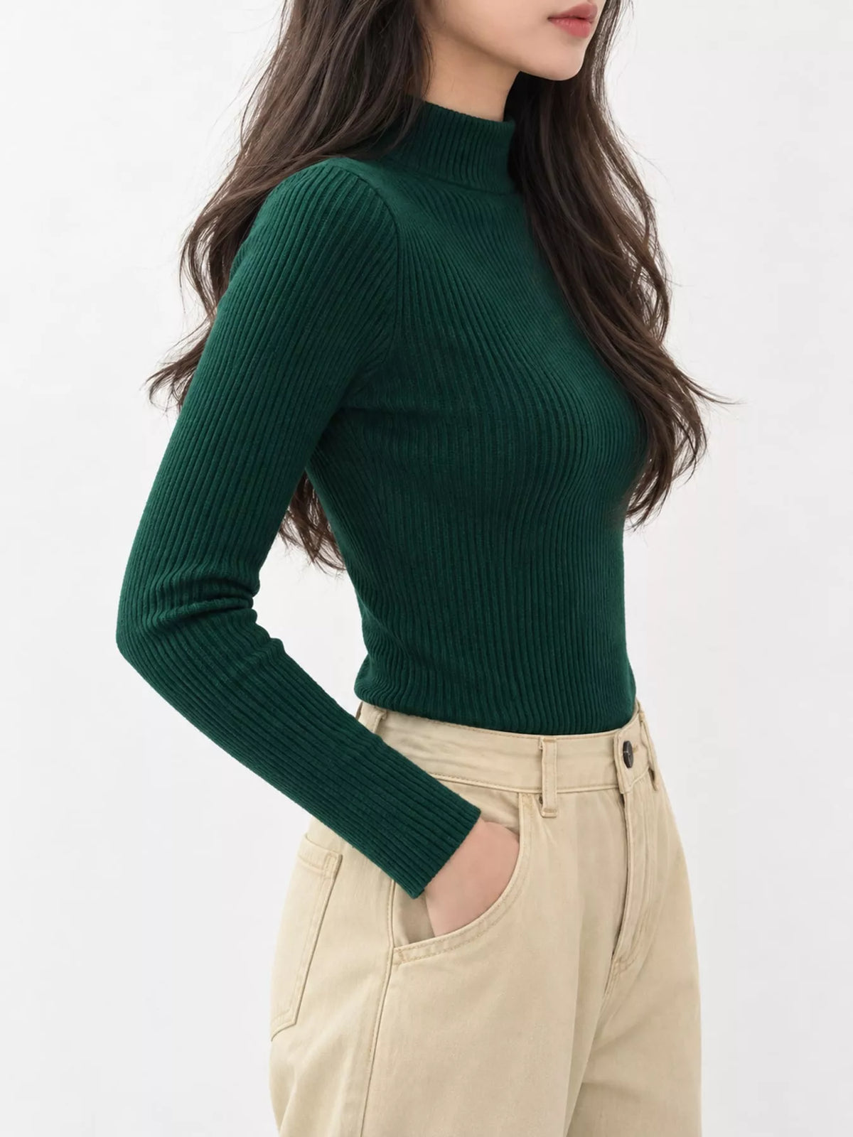 Forest green ribbed mock neck long sleeve knit top