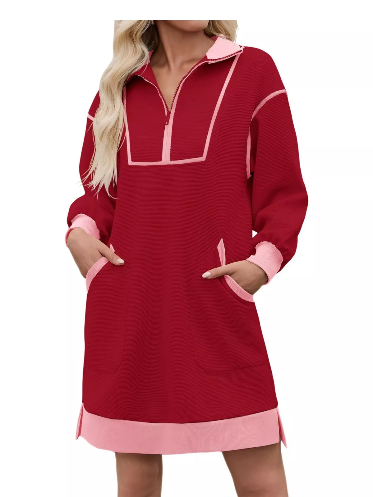 Red color block quarter-zip sweatshirt dress — front view