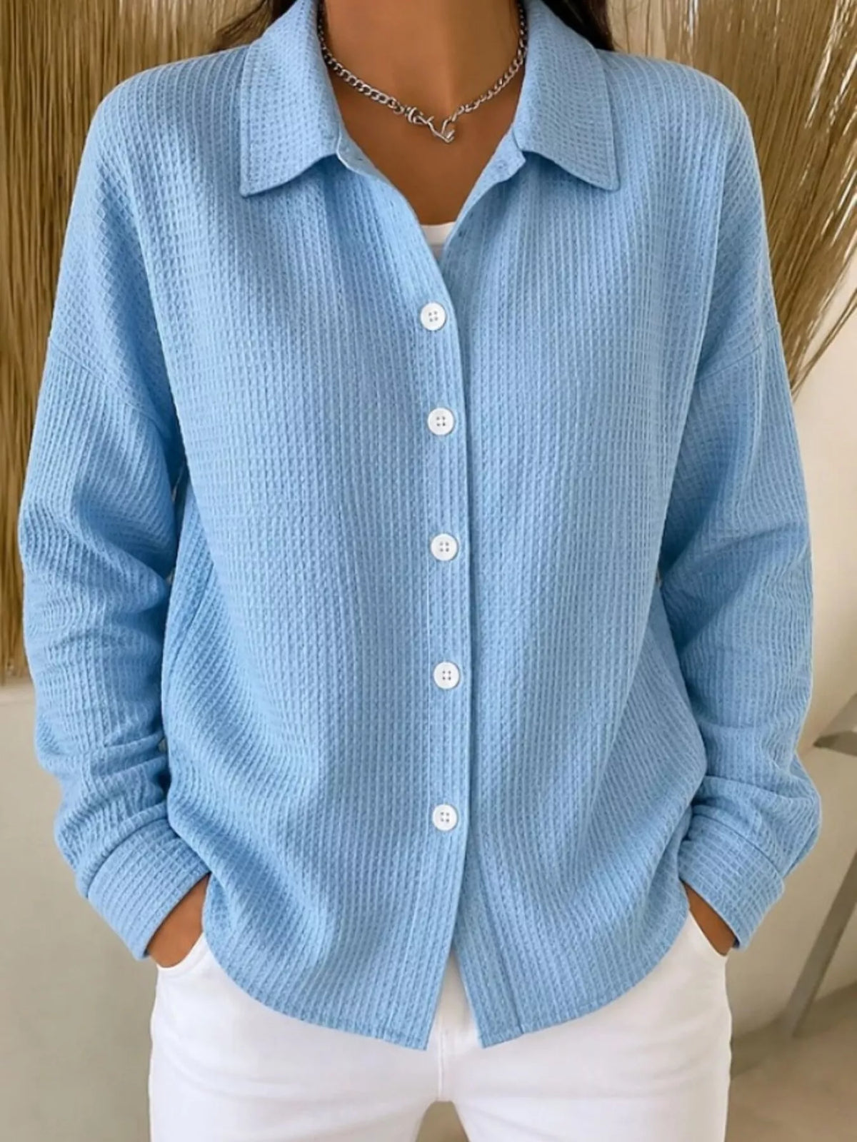 Blue waffle knit button-down shirt