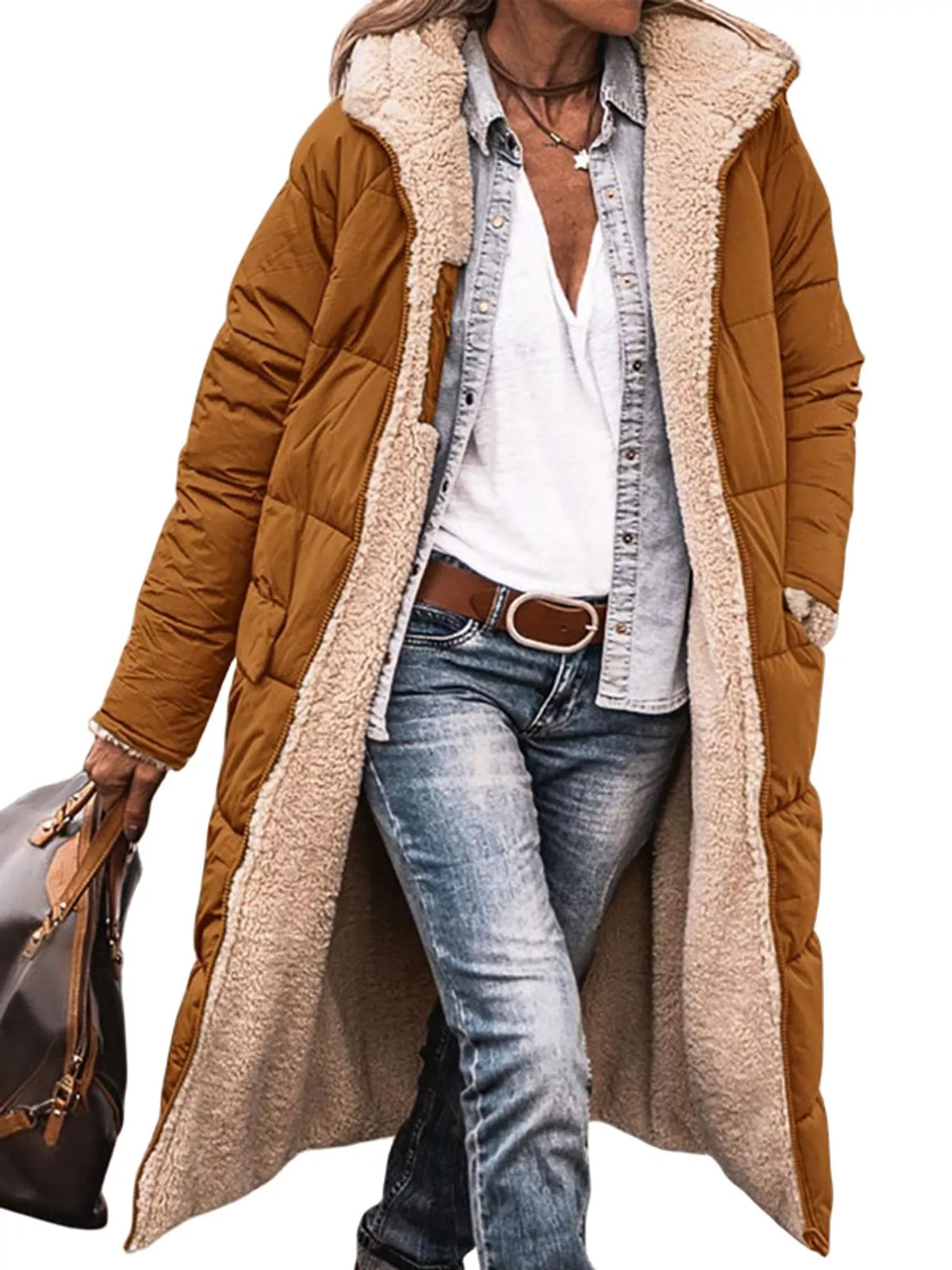 Camel longline sherpa-lined hooded puffer coat