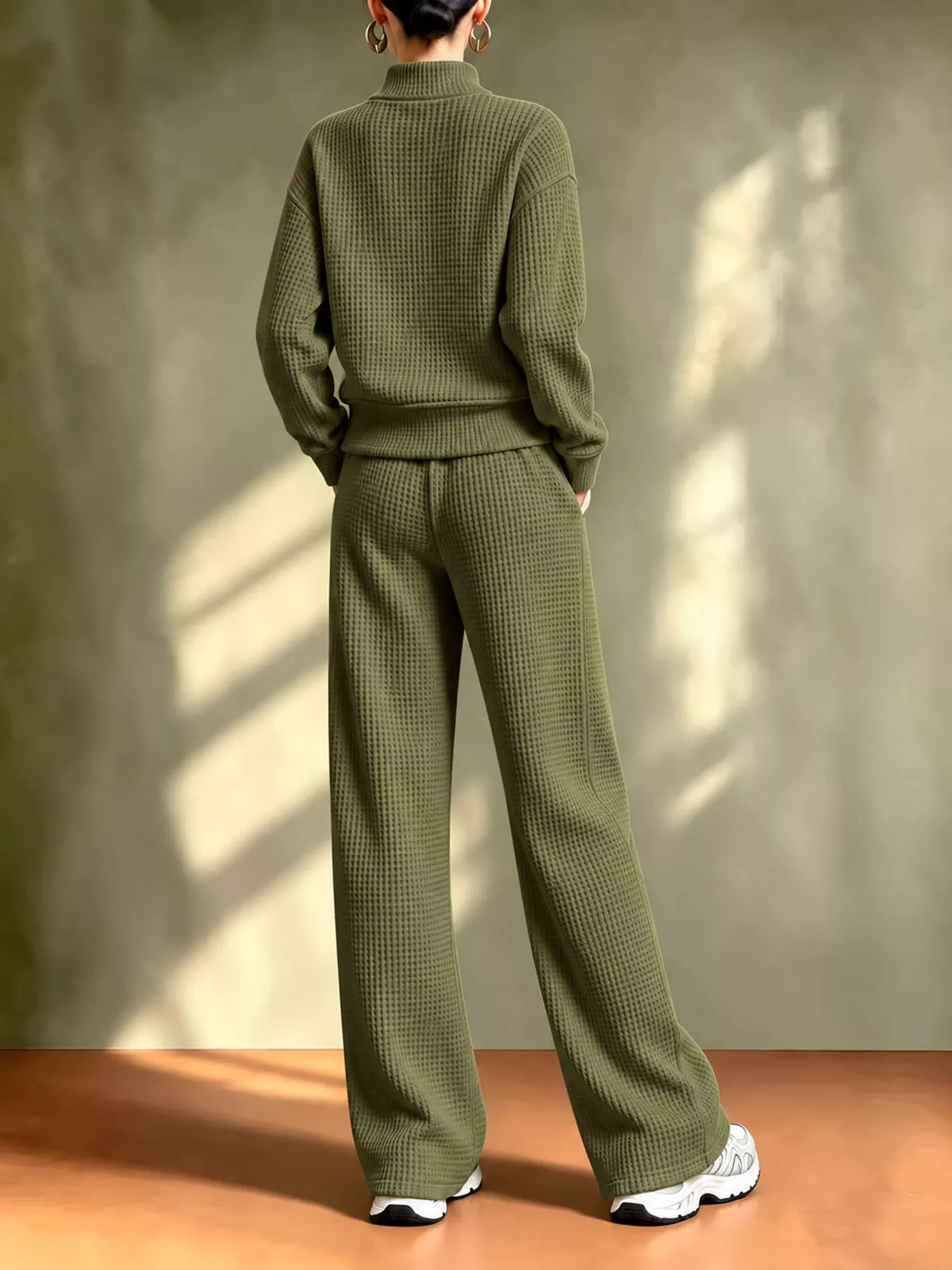 Army Green waffle knit button-up outerwear and wide-leg pants set, back view