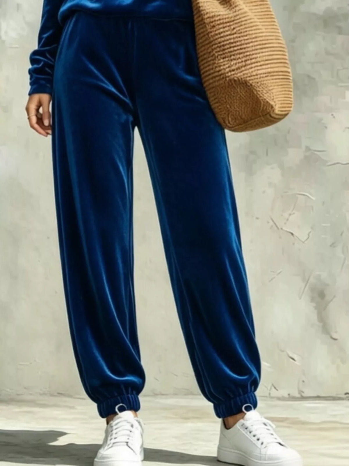 Blue velvet cowl neck top and pants set, pants detail