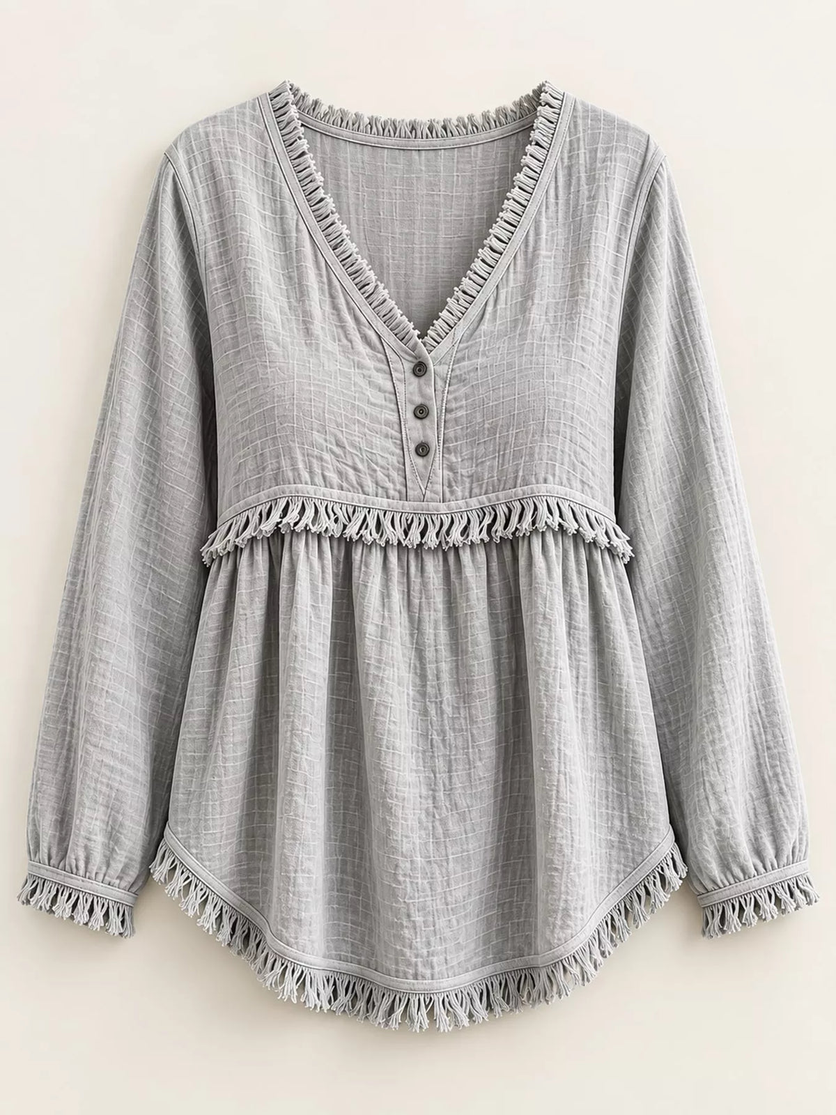 Fringe-trim blouse, gray hanging front