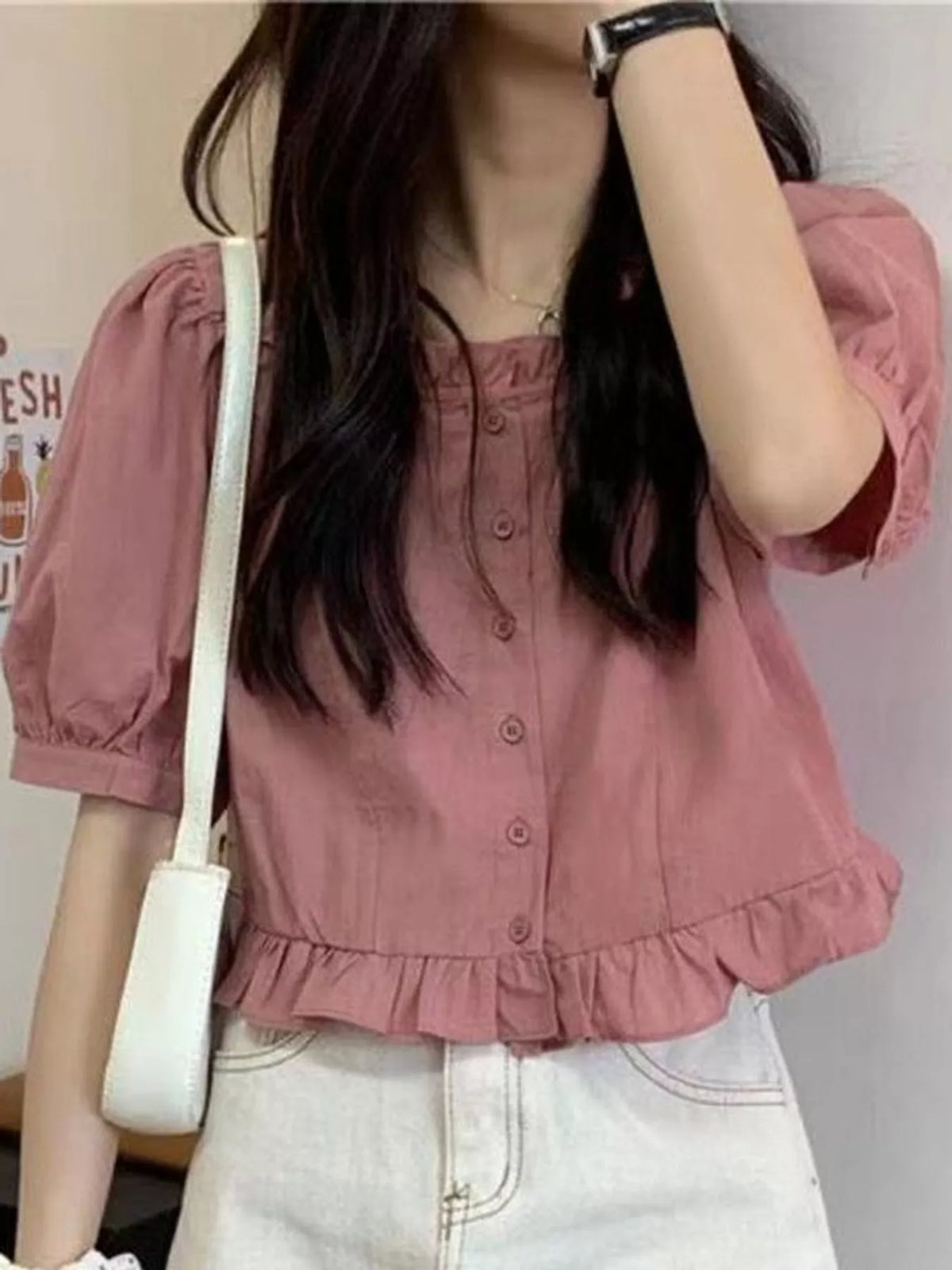 Ruffled Hem Button-Down Shirt — front view
