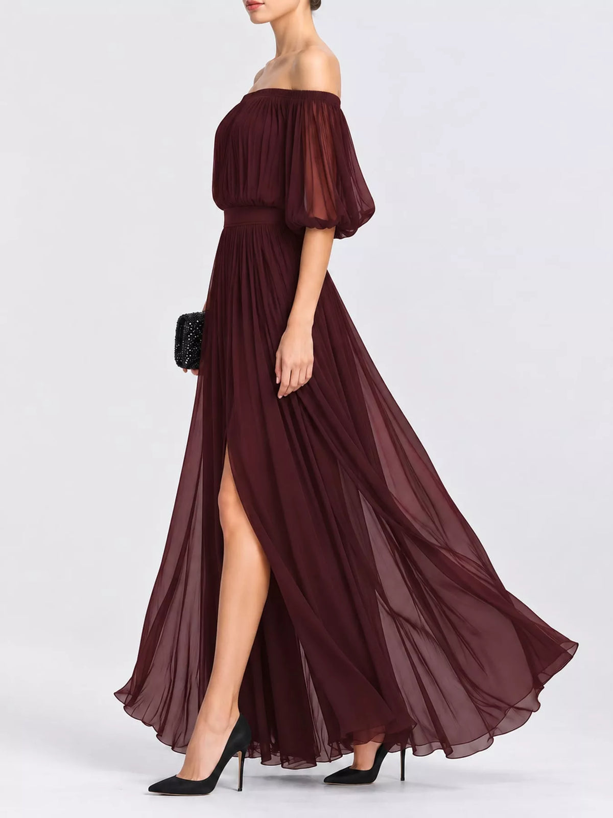 Burgundy off shoulder ruched chiffon maxi dress, side view