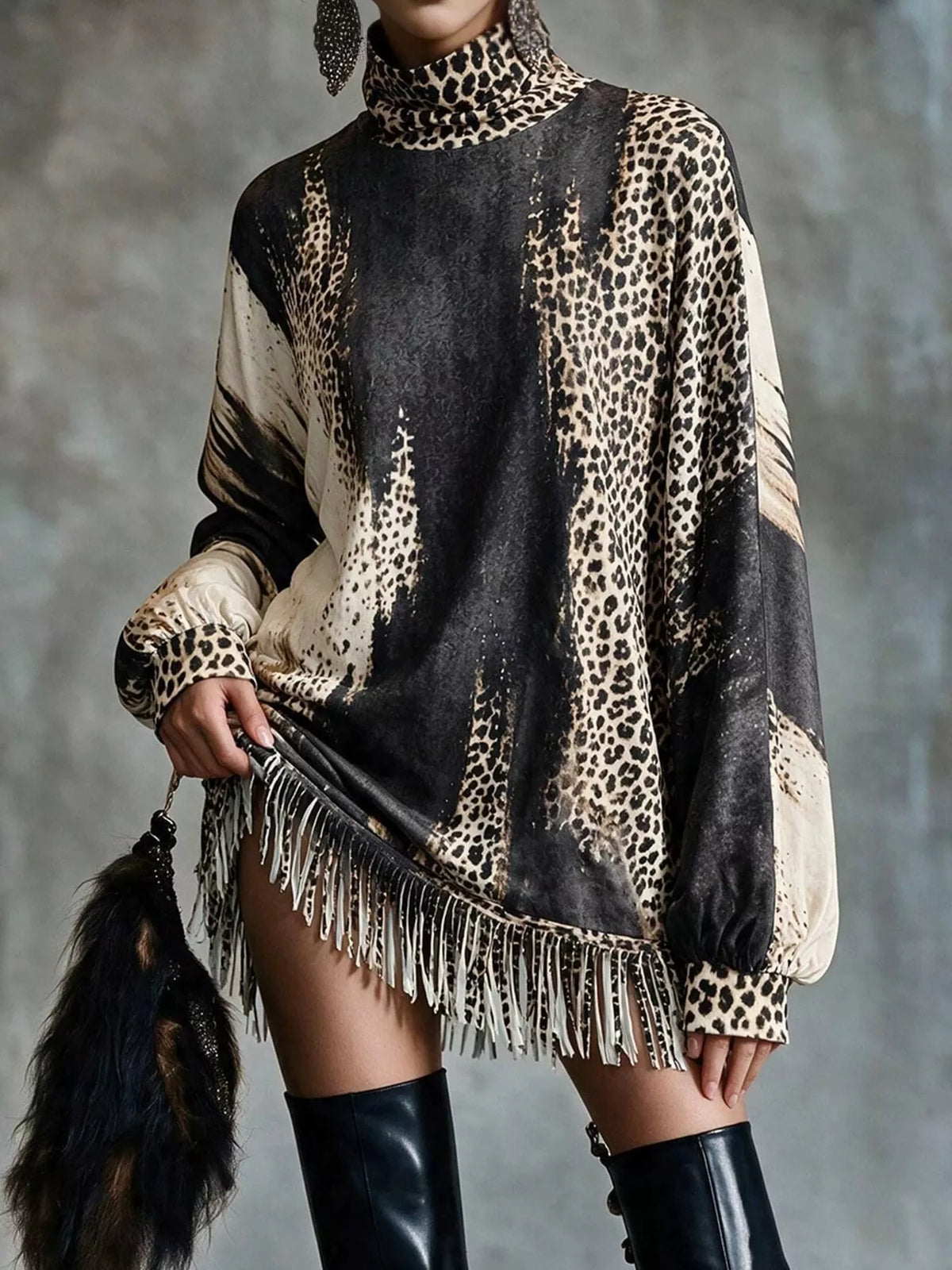 Leopard fringe dress, gray front