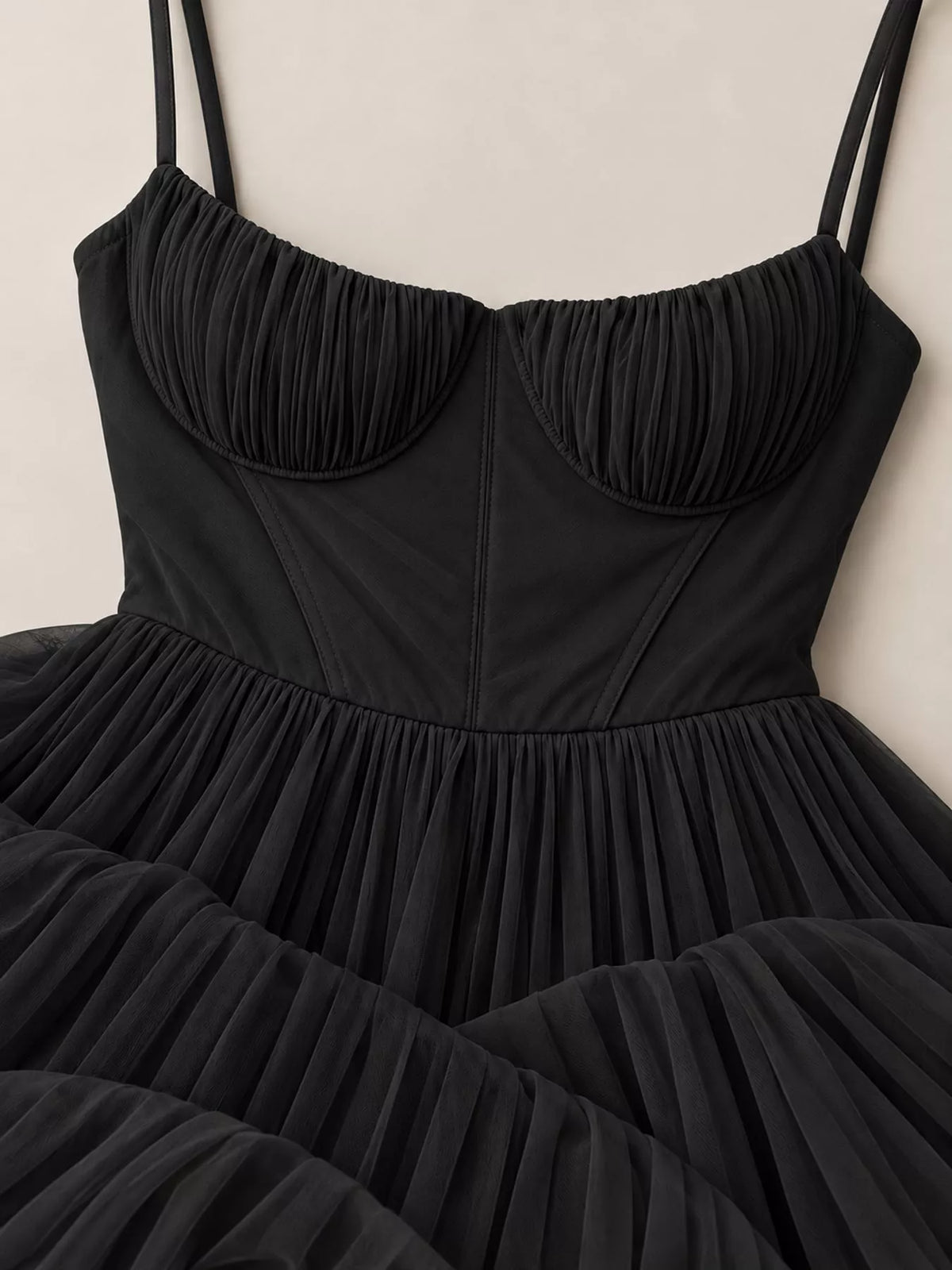 Black pleated sweetheart neck midi dress — design and construction details