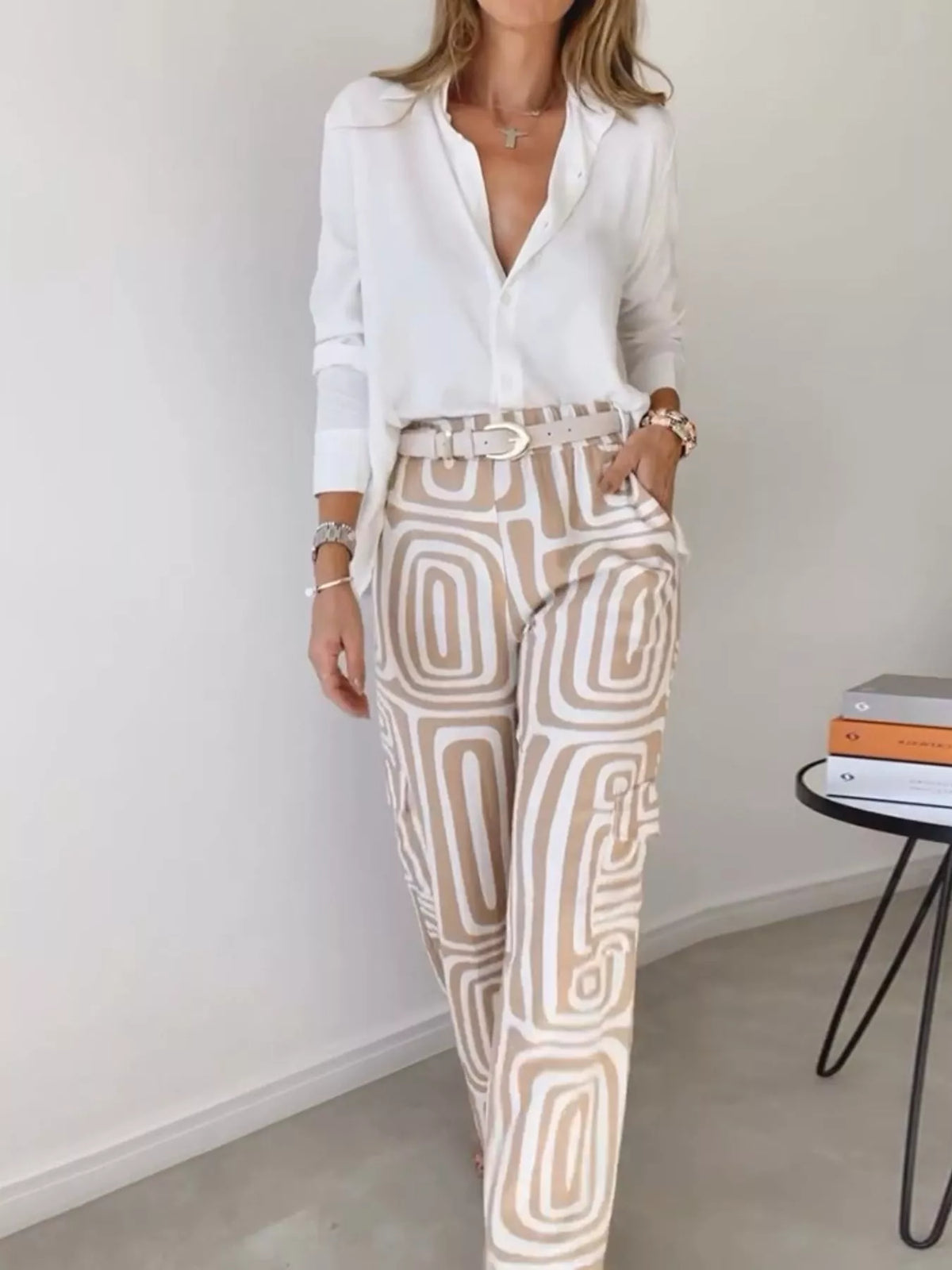 Shirt and geometric pants set, beige pants angled front