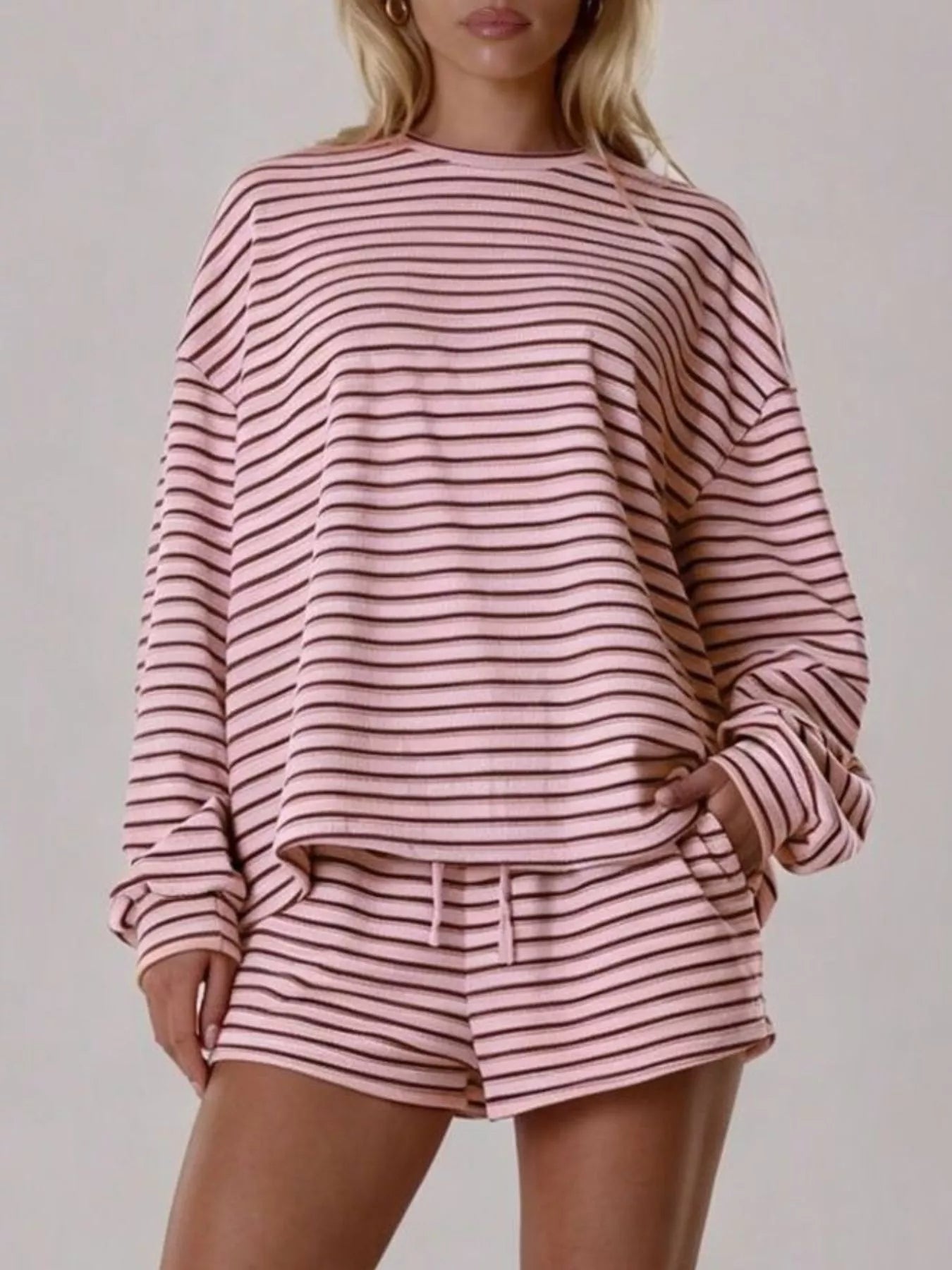 Trendsi Casual Striped Long-Sleeve Top and Shorts Set -