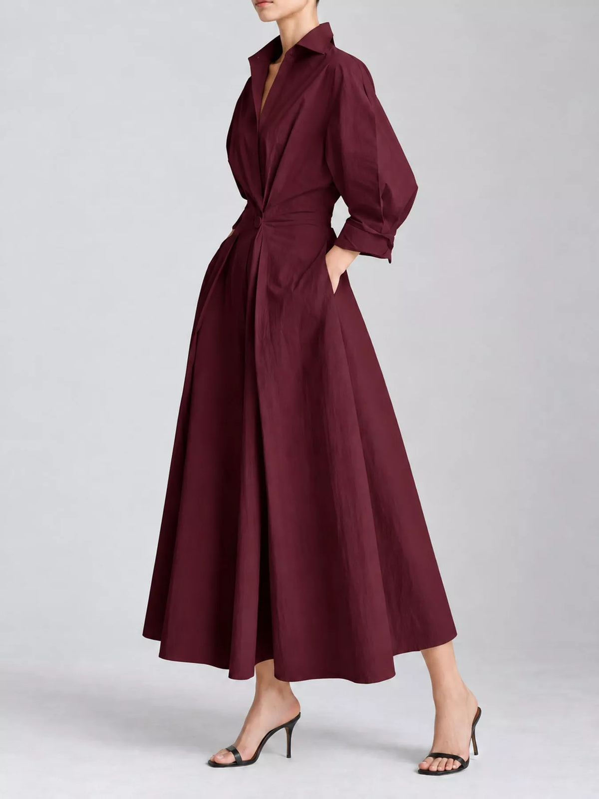 Collared Three-Quarter Sleeve Midi Shirt Dress — side view