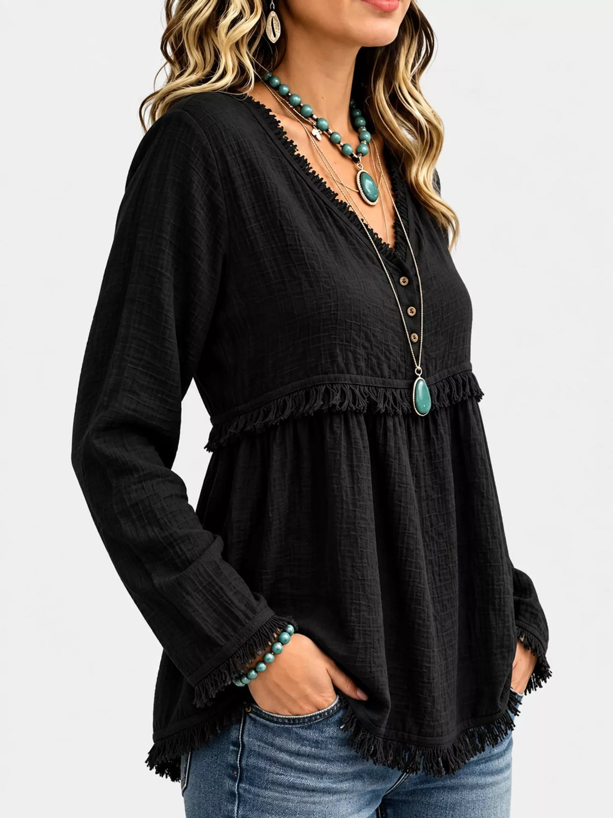 Fringe-trim blouse, black side