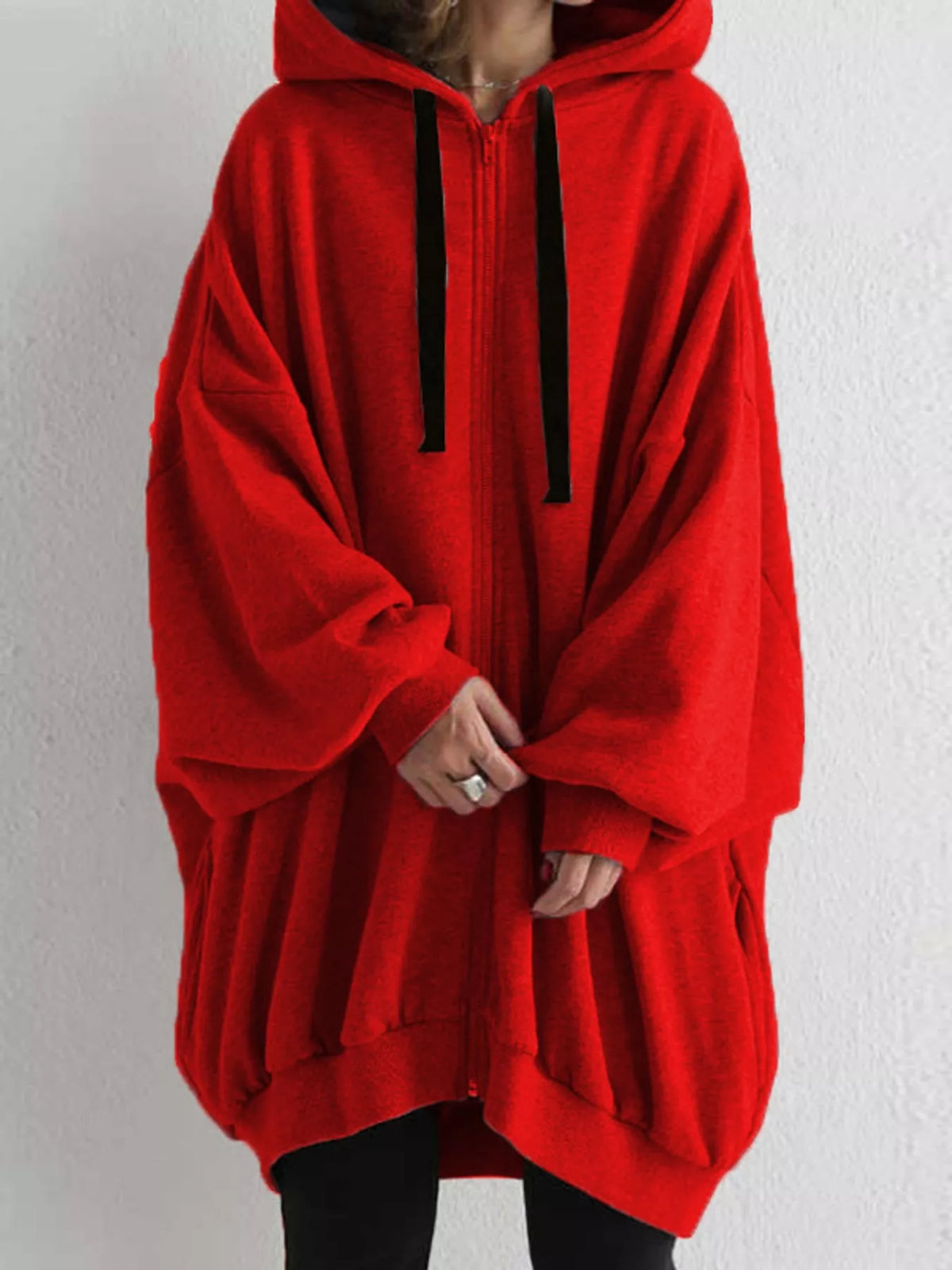 Red drawstring zip-up oversized hoodie