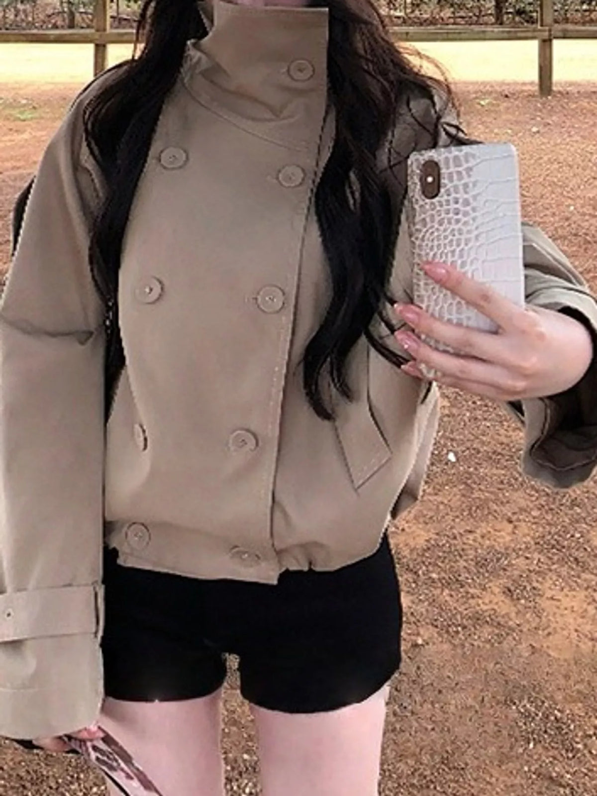 Beige double-breasted cropped trench jacket, front styled view