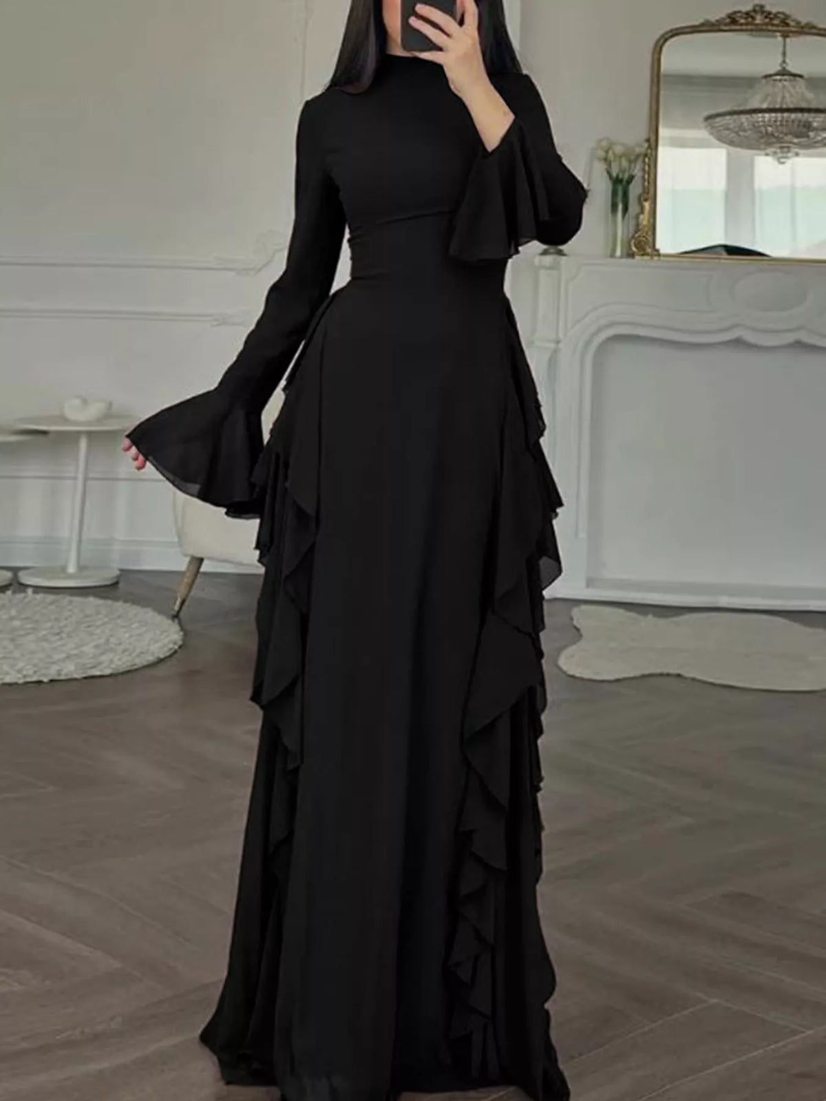 Mock neck long sleeve maxi dress, front view on model