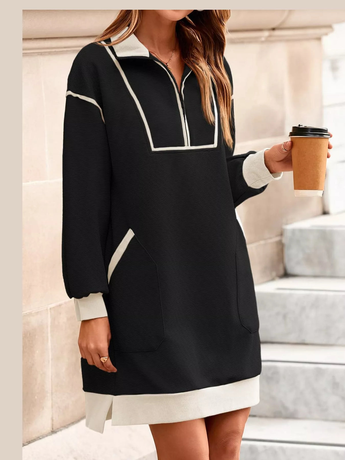 Black color block quarter-zip sweatshirt dress — front view