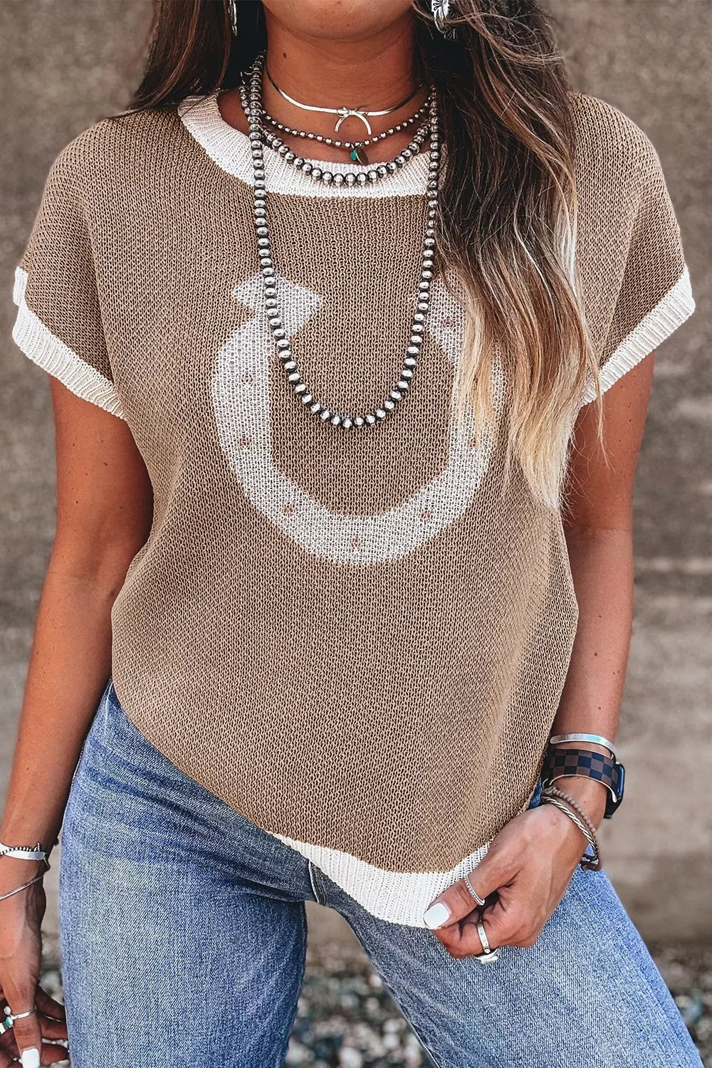 Trendsi Horse Shoe Pattern Contrast Trim Short Sleeve Sweater -