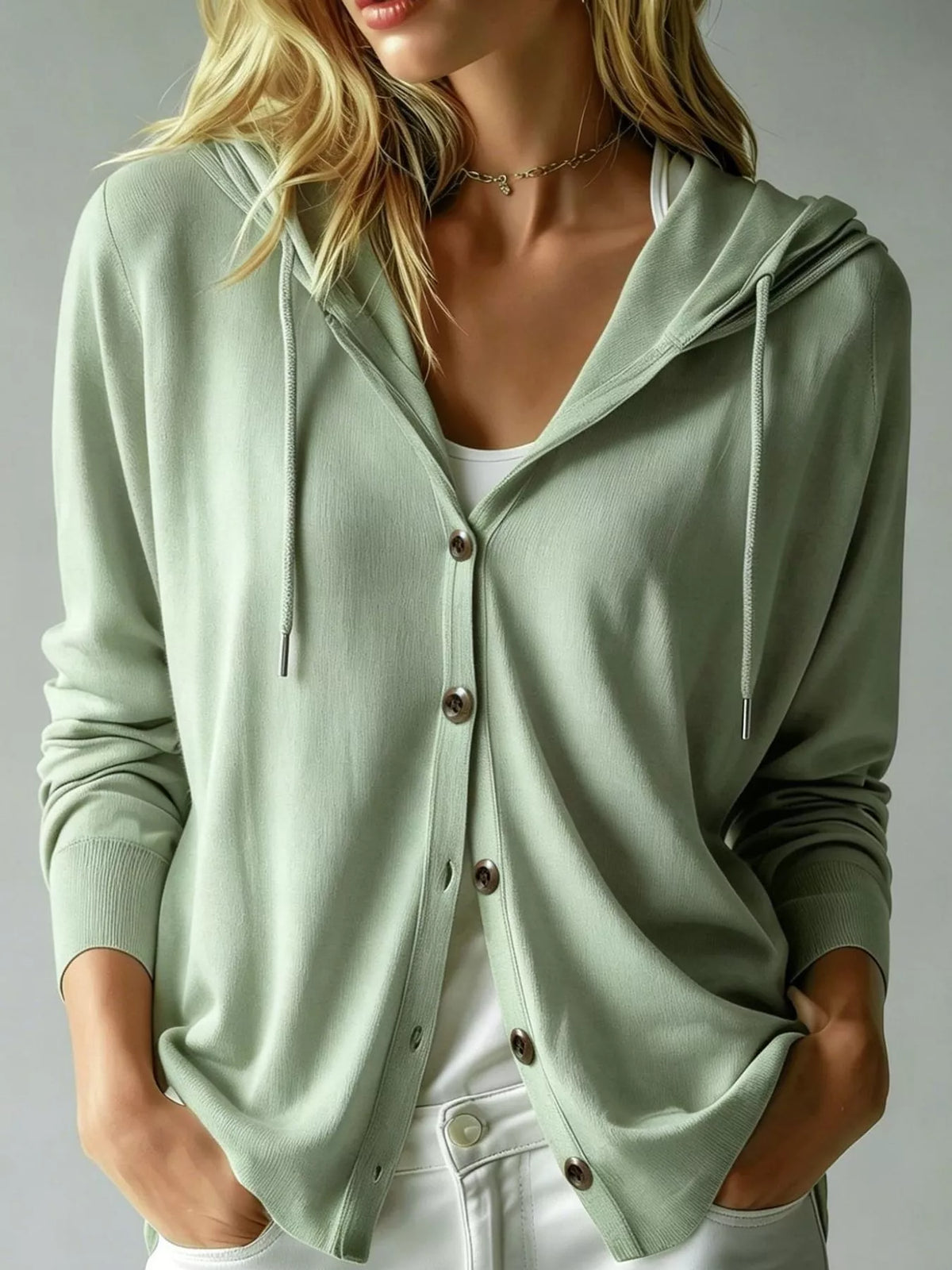 Hooded long sleeve cardigan, front view on model