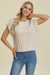 Trendsi Double Take Full Size Cable-Knit Round Neck Short Sleeve Sweater -