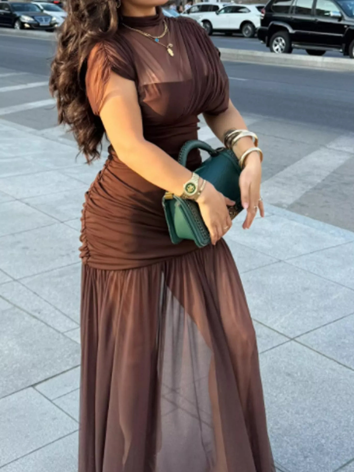 Brown mock neck ruched maxi dress, front view