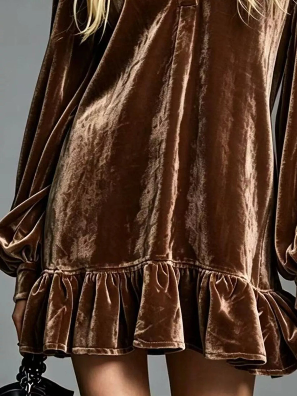 Brown Velvet Long Sleeve Ruffle-Hem Mini Dress hem detail