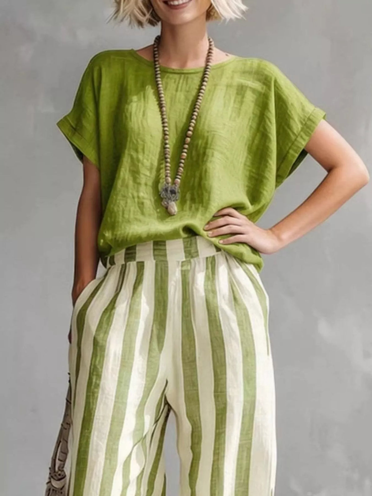 Green short sleeve top and wide-leg pants set — design and construction details