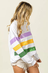 Trendsi BiBi Sequin Mardi Gras Striped Round Neck Sweatshirt -