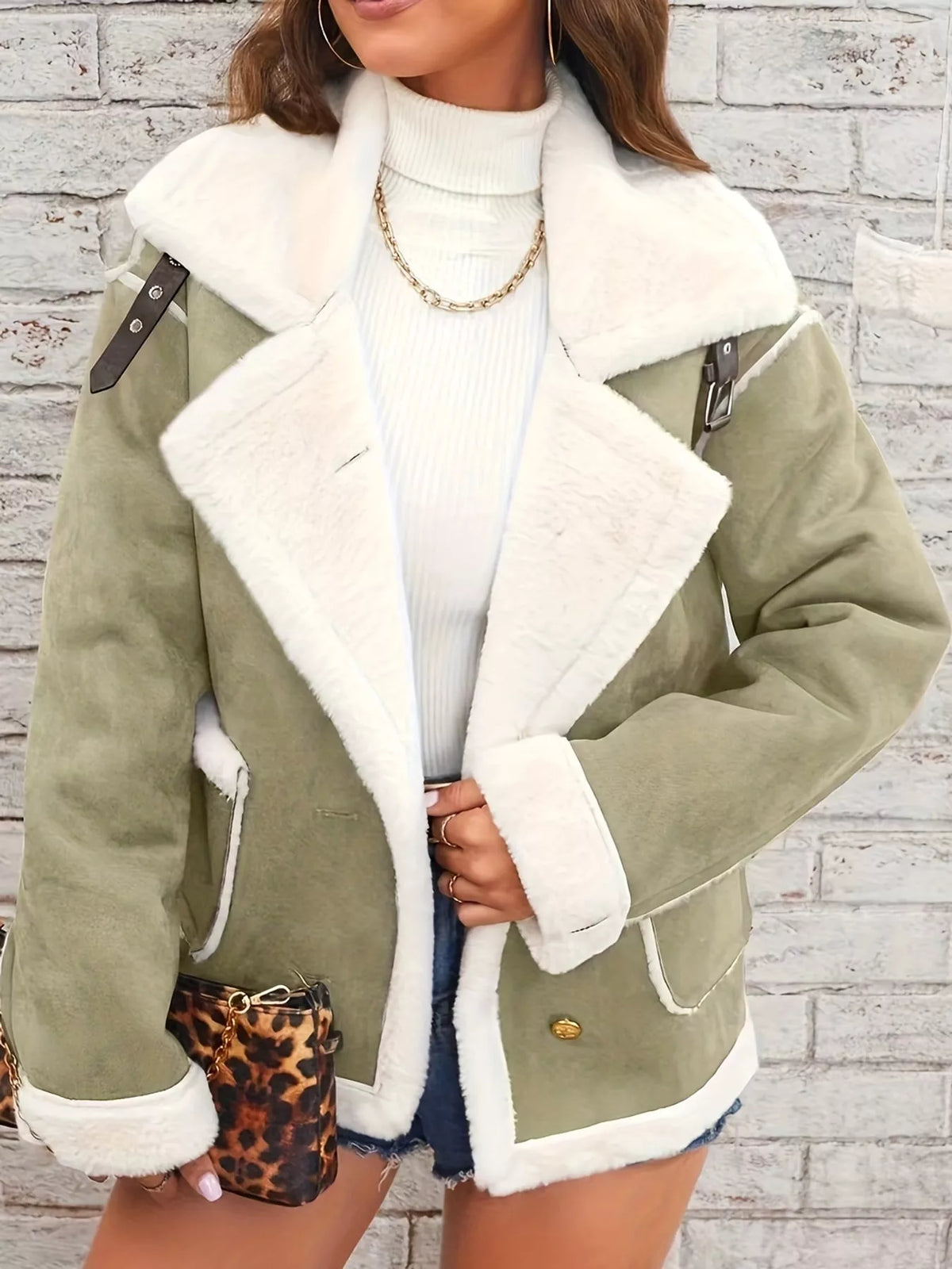 Green plush-lined button-front jacket — front view