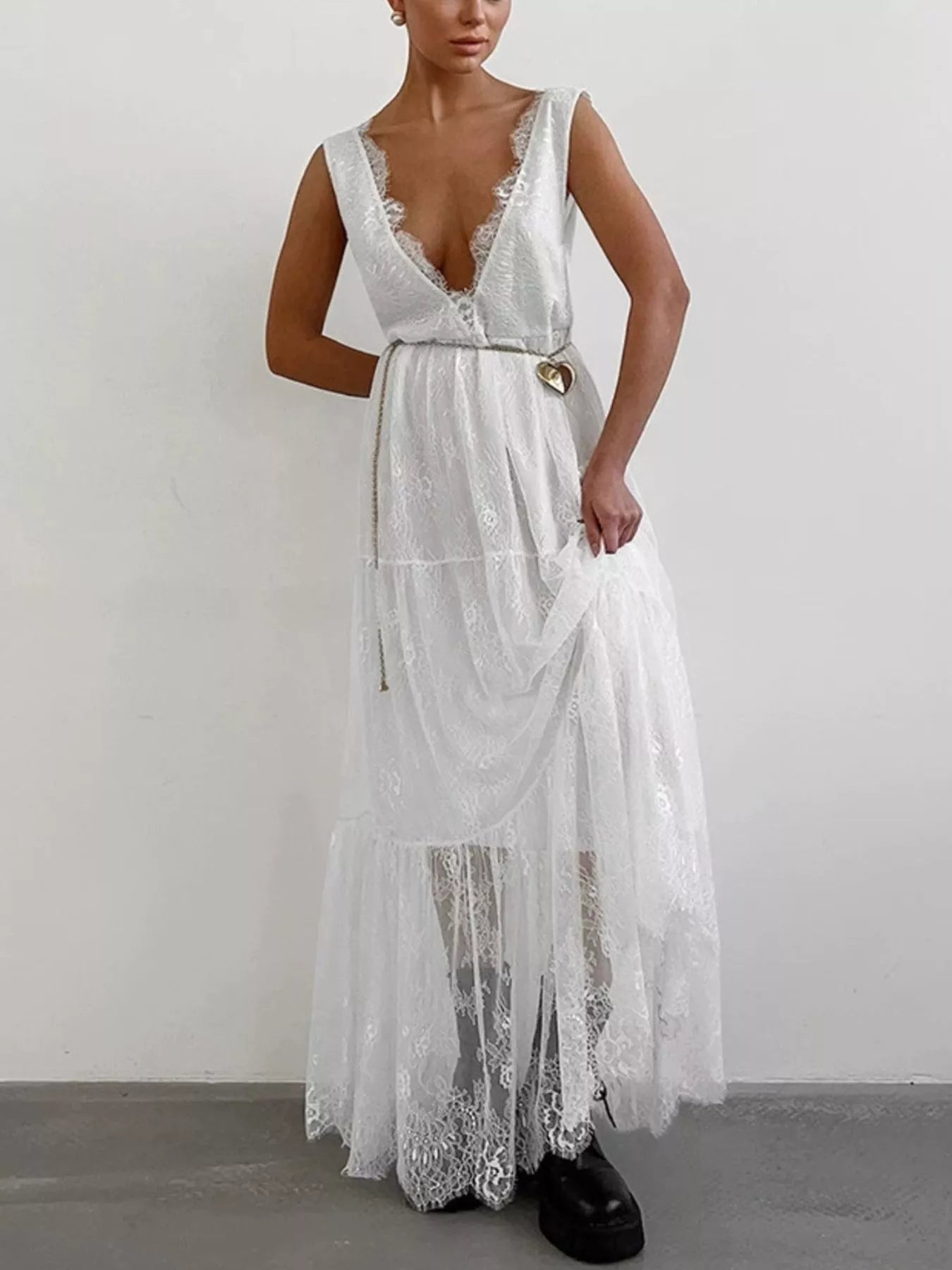 Trendsi Lace V-Neck Sleeveless Maxi Dress -