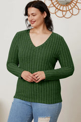 Trendsi Basic Bae Full Size Ribbed V-Neck Long Sleeve T-Shirt - Shirts