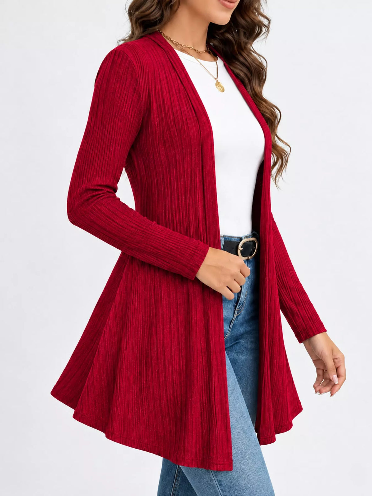 Red ribbed knit open front cardigan