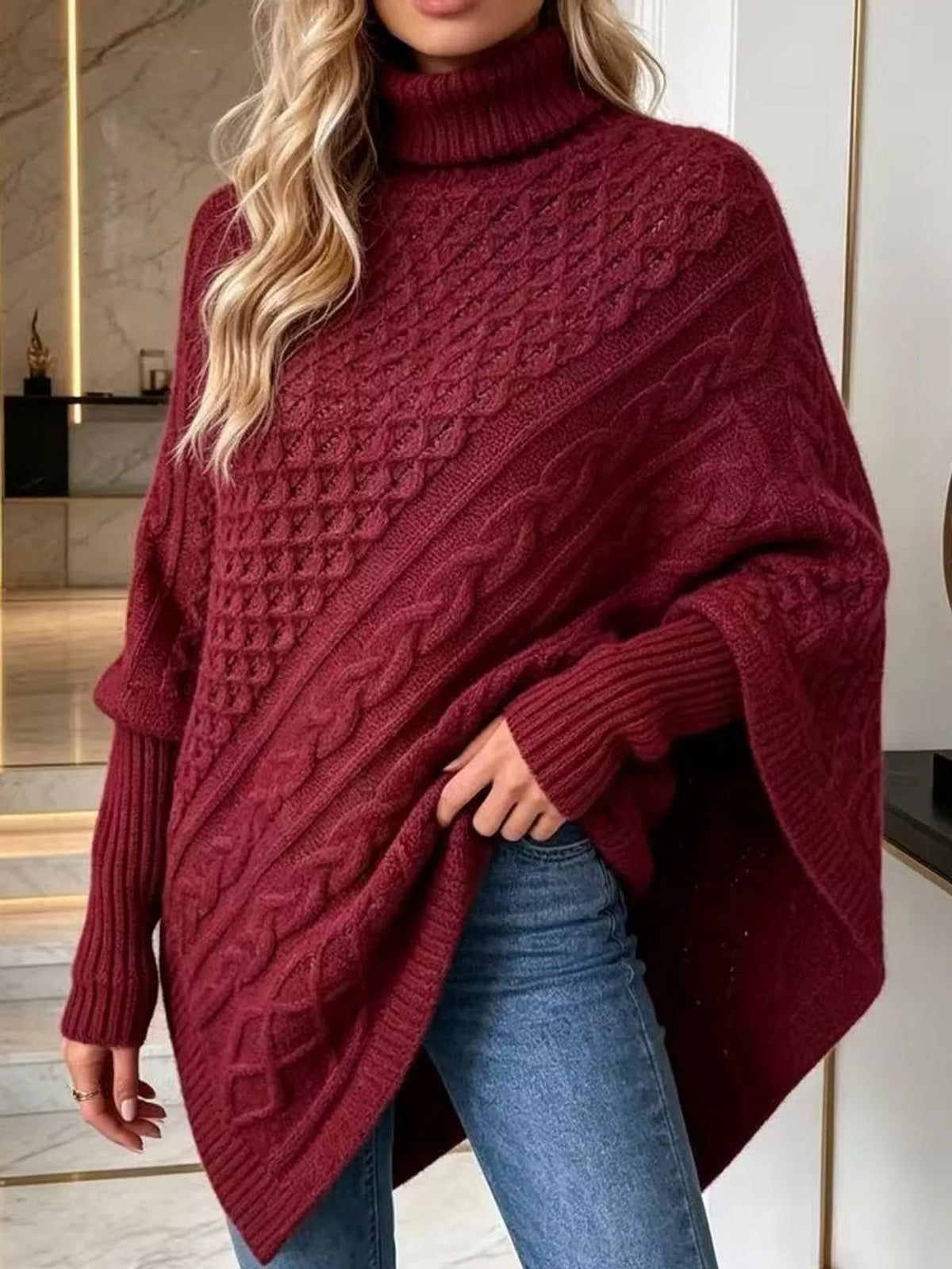 Turtleneck Cable Knit Sweater in burgundy