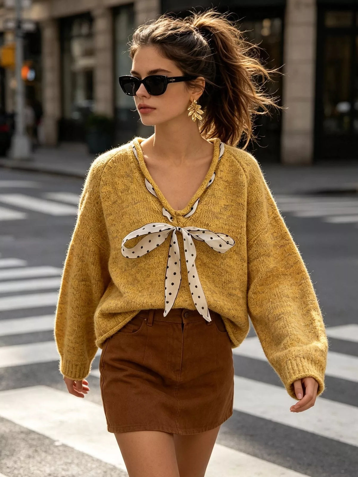 Yellow v-neck knit top with polka dot ribbon tie, walking front view.