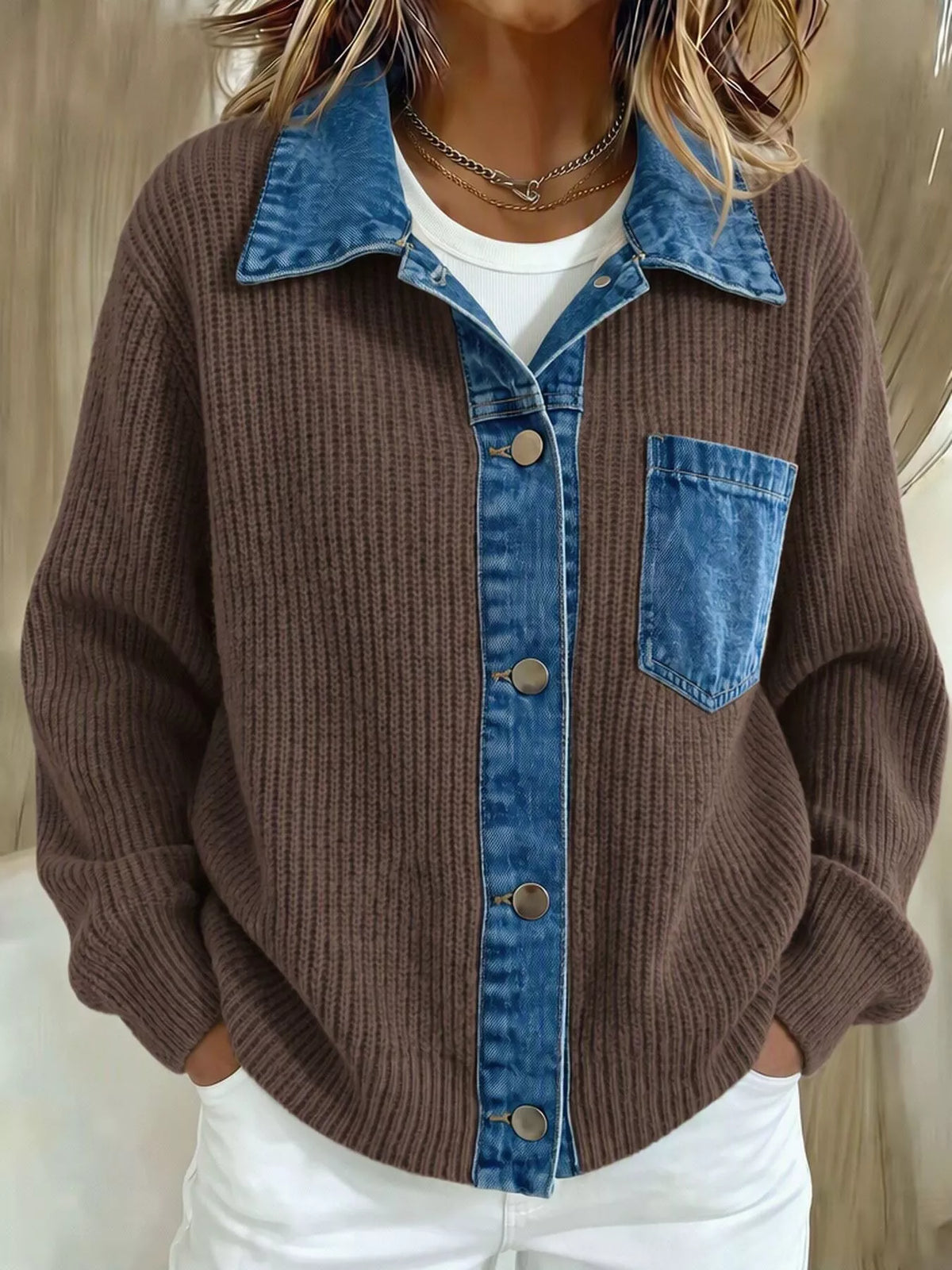 Brown Denim Trim Button-Up Cardigan front view