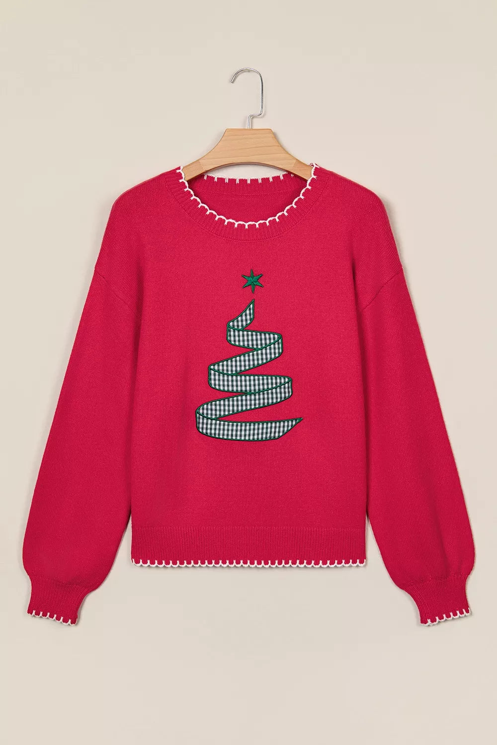 Christmas Tree Contrast Stitch Sweater in scarlet, front view