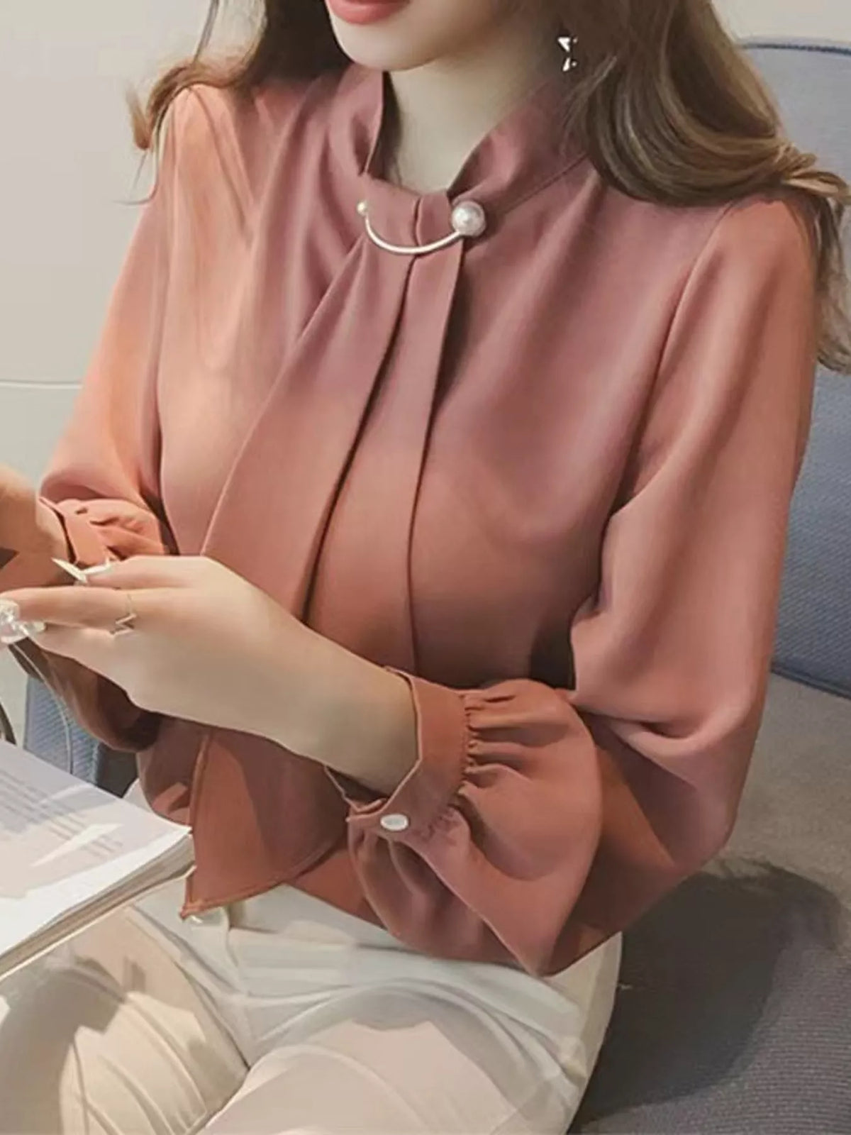 Mock Neck Blouse with Pearl Accent and Lantern Sleeves, detail view in pink