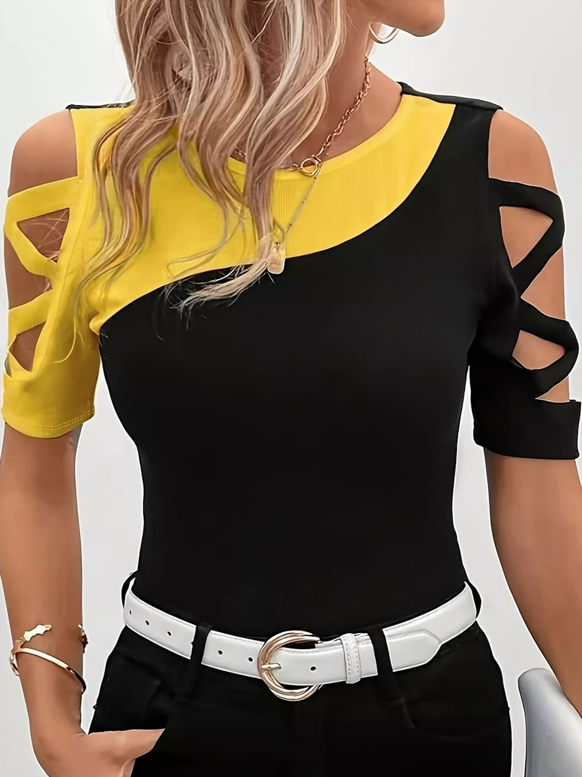 Colorblock cutout top, black and yellow front